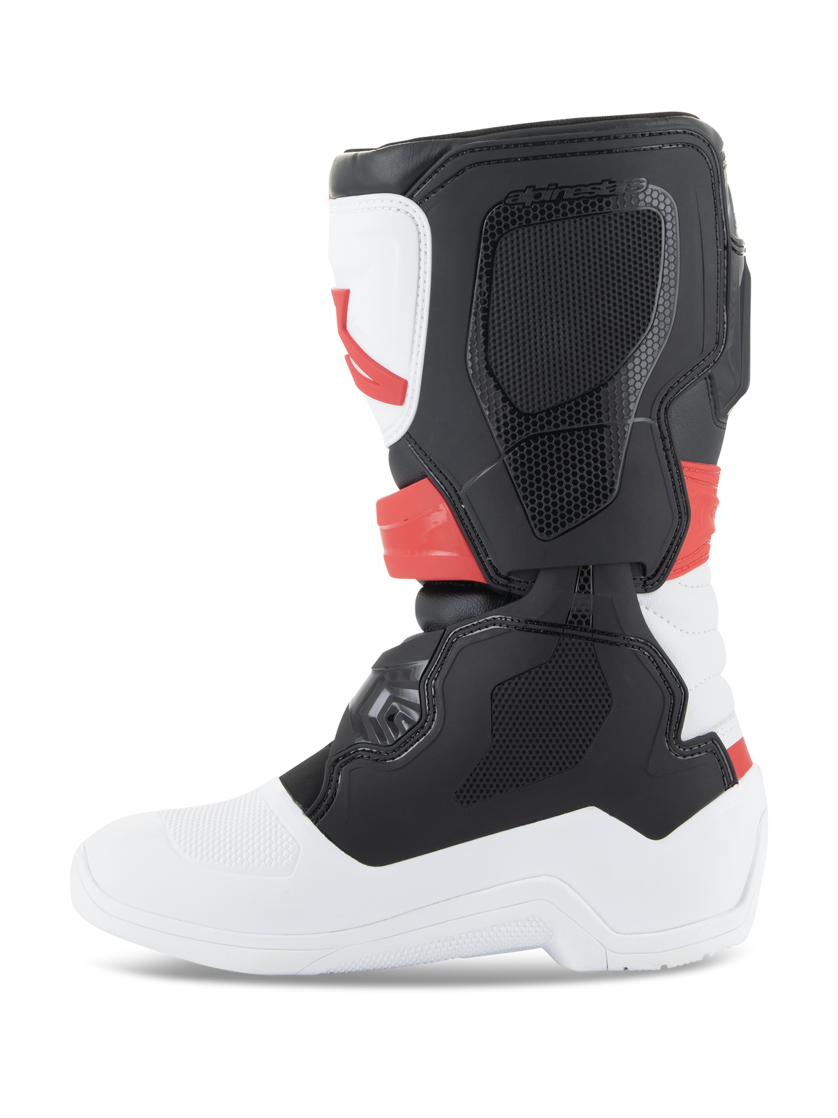 Alpinestars Youth Tech 3S stövlar, motocross-stövlar, vit, svart och klarröd, profilvy från sidan, med hållbara TPU-skyddspaneler och ovandel i mikrofiber, vit sula och tå med svart vadparti och klarröda detaljer, skyddande terrängskodon för unga förare
