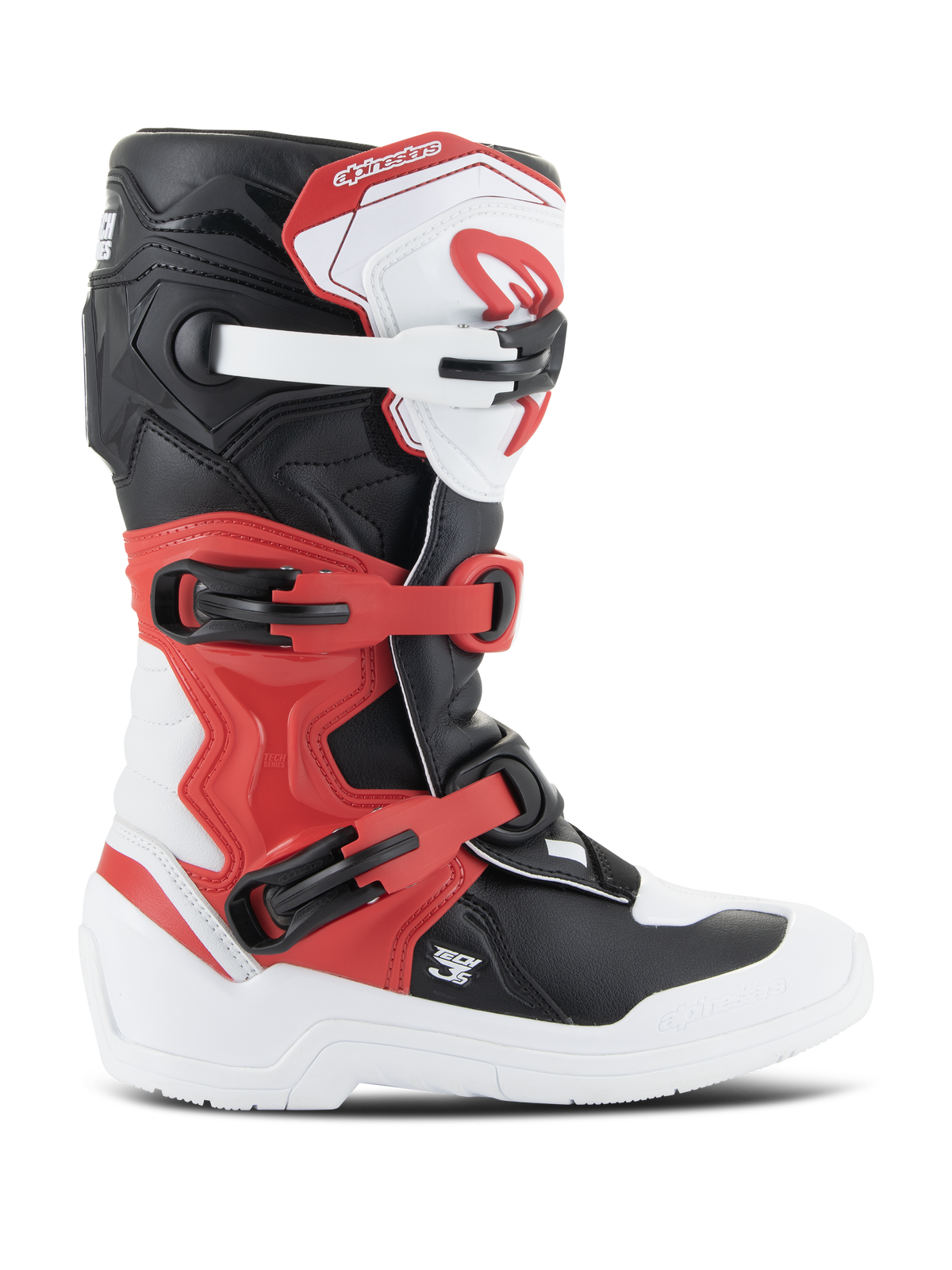 Alpinestars Youth Tech 3S-stövlar, motocross-stövlar, vit, svart och klarröd, sidoprofil, med ett stängningssystem med flera spännen, förstärkt skenbensplatta och slitstark vit sula, skyddsutrustning för juniorer inom terrängkörning
