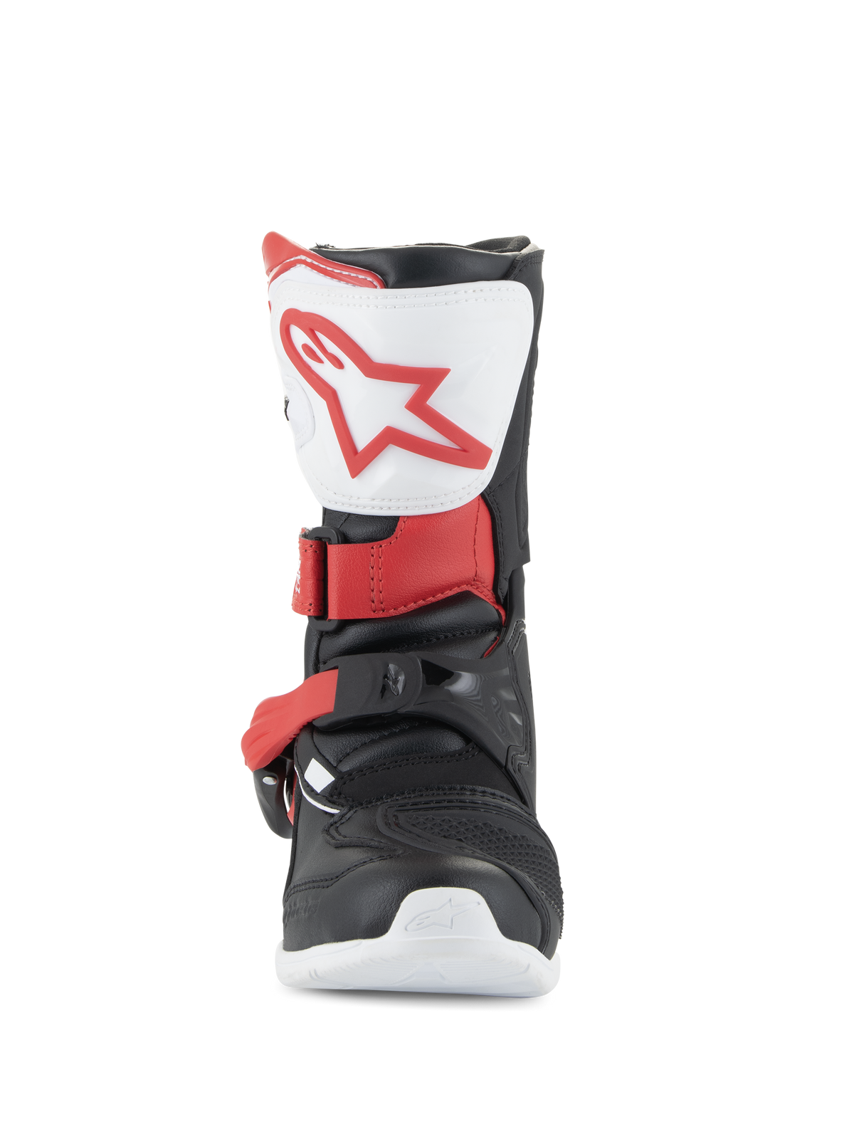 Alpinestars Kids Tech 3S Boots, Motocross Boots, White Black and Bright Red, front view showing white shin plate with red logo, black chassis with red buckle straps, protective off-road footwear for young riders
