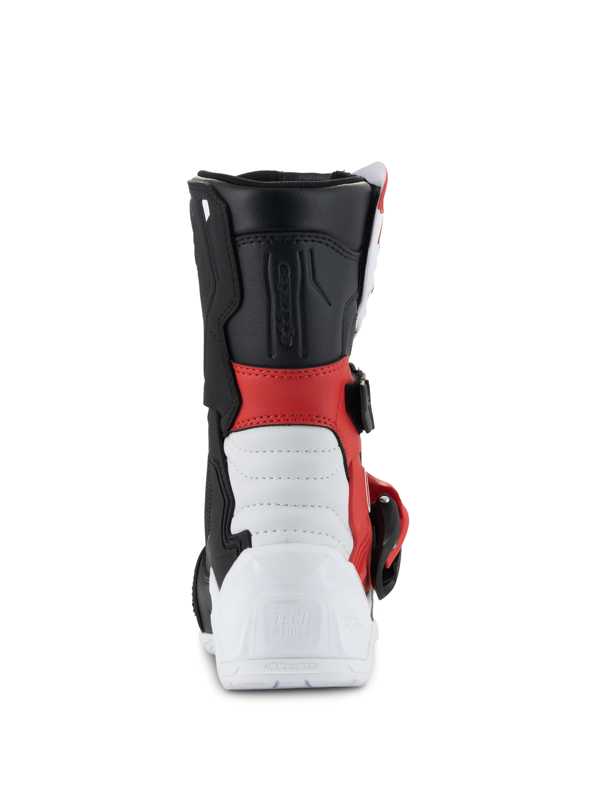 Alpinestars Kids Tech 3S Boots, Motocross Boots, White Black and Bright Red, rear view featuring white reinforced heel with embossed Tech Series logo, red mid-section, black upper cuff, and side buckle detail, protective off-road footwear