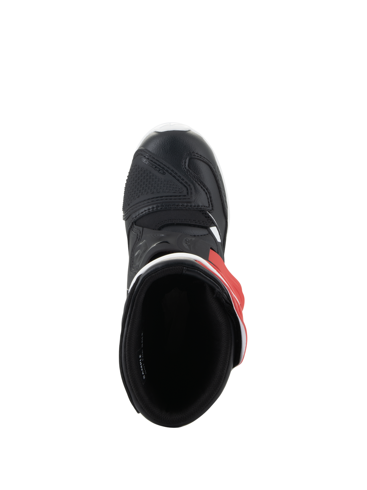 Alpinestars Kids Tech 3S Boots, Motocross Boots, White Black and Bright Red, top-down view showing the interior and black microfiber toe, protective footwear for young off-road riders