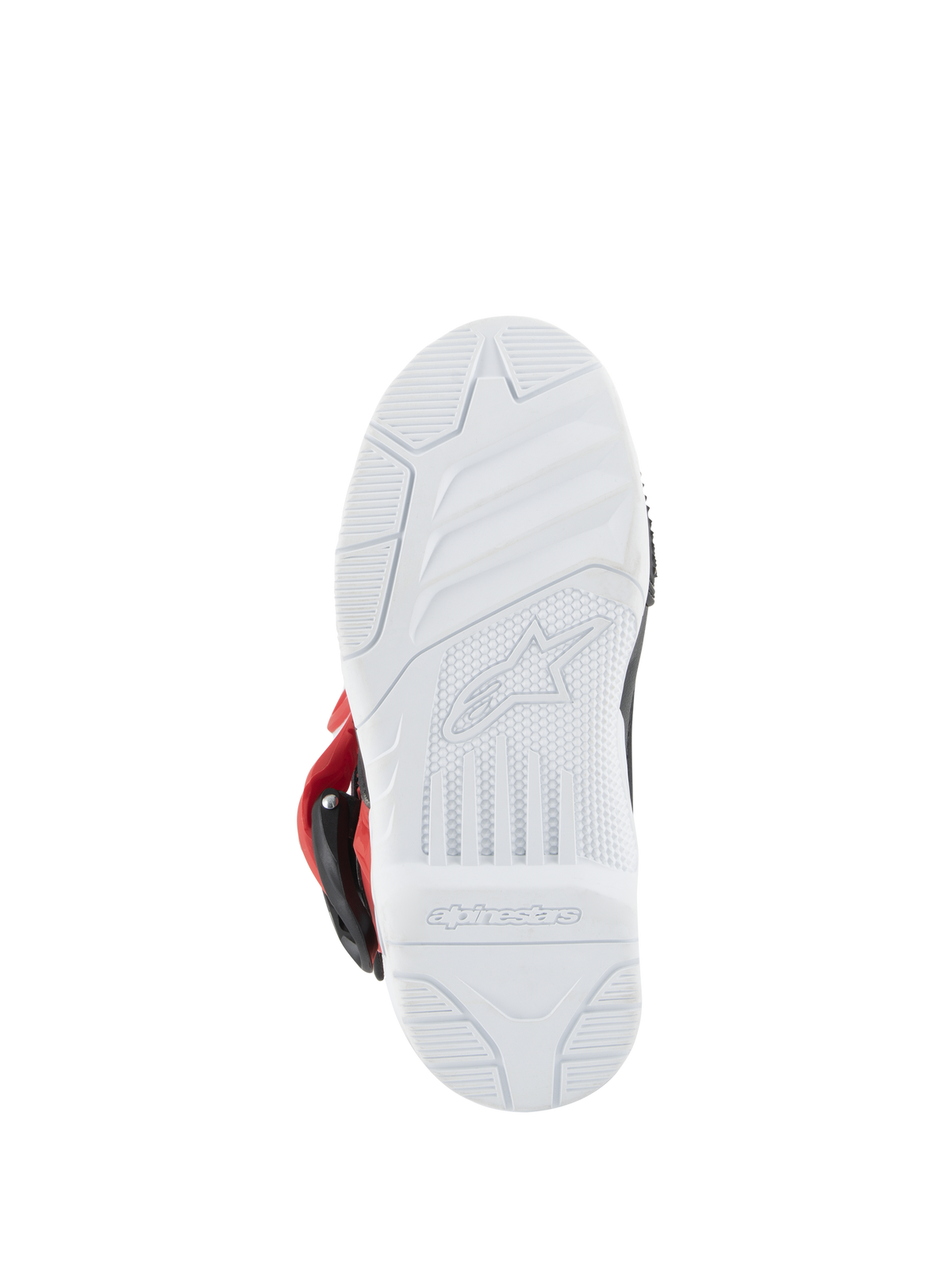 Alpinestars Kids Tech 3S Boots, Motocross Boots, White Black and Bright Red, bottom view of the white rubber sole featuring embossed Alpinestars logo and grip pattern for off-road racing