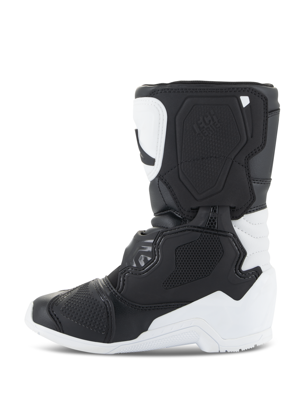 Alpinestars Kids Tech 3S-stövlar, motocross-stövlar, vit och svart, sidovy som framhäver skyddande TPU-plattor, robust mikrofiberkonstruktion och flerpaneldesign för unga motocrossförare.