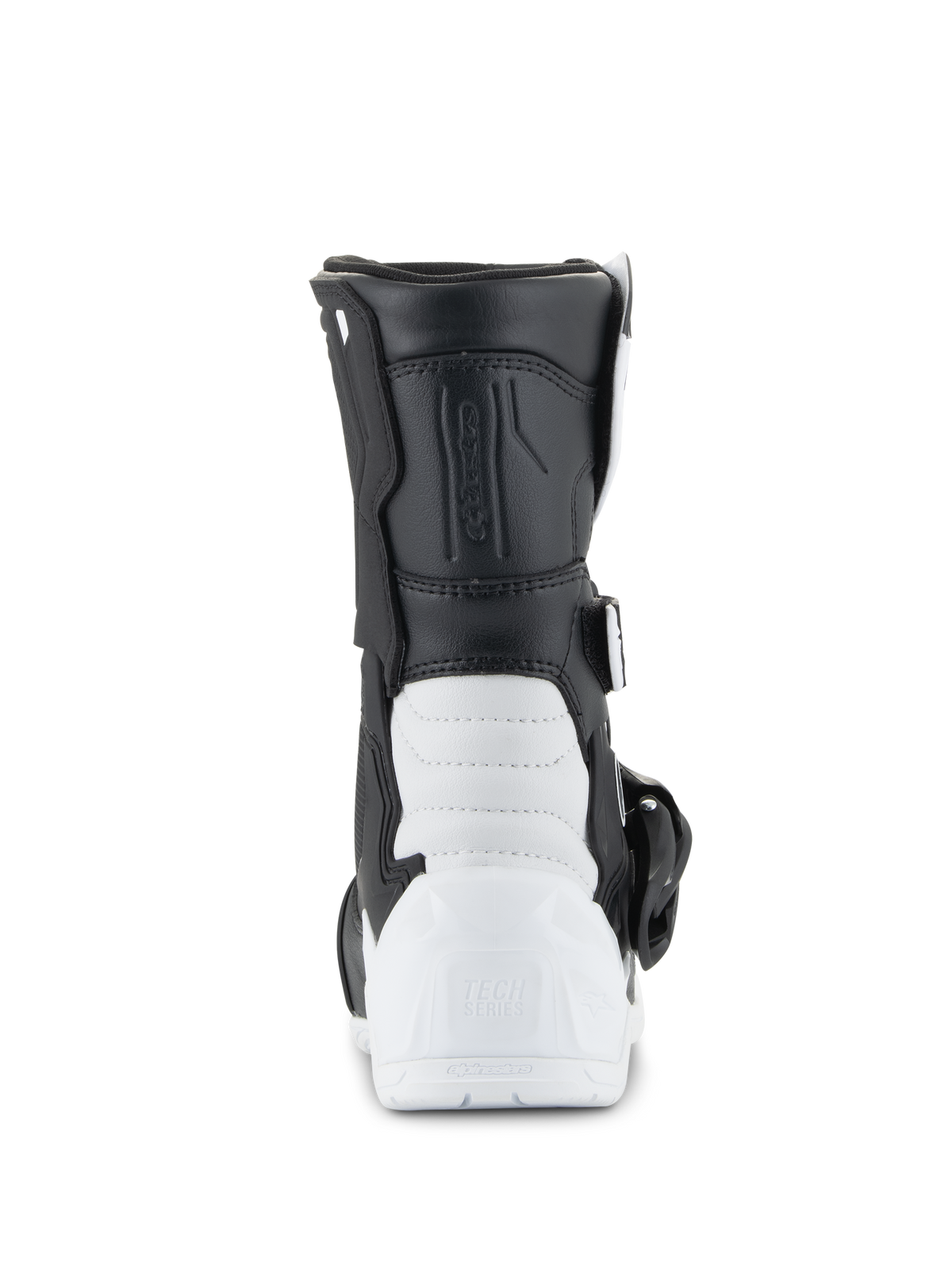 Alpinestars Kids Tech 3S stövlar, motocross-stövlar, vita och svarta, vy bakifrån som visar den förstärkta TPU-hälen med Tech Series-märkning, svart syntetisk ovandel och vit nedre skalkonstruktion, skyddande offroad-fotbeklädnad för barn