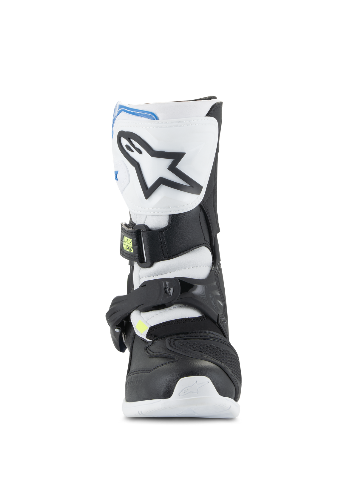 Alpinestars Kids Tech 3S-stövlar, motocross-stövlar för barn, vit, svart och emaljblå, frontprofil som visar TPU-skenbensplatta med stjärnlogotyp, svarta och vita paneler och ett säkert spännessystem