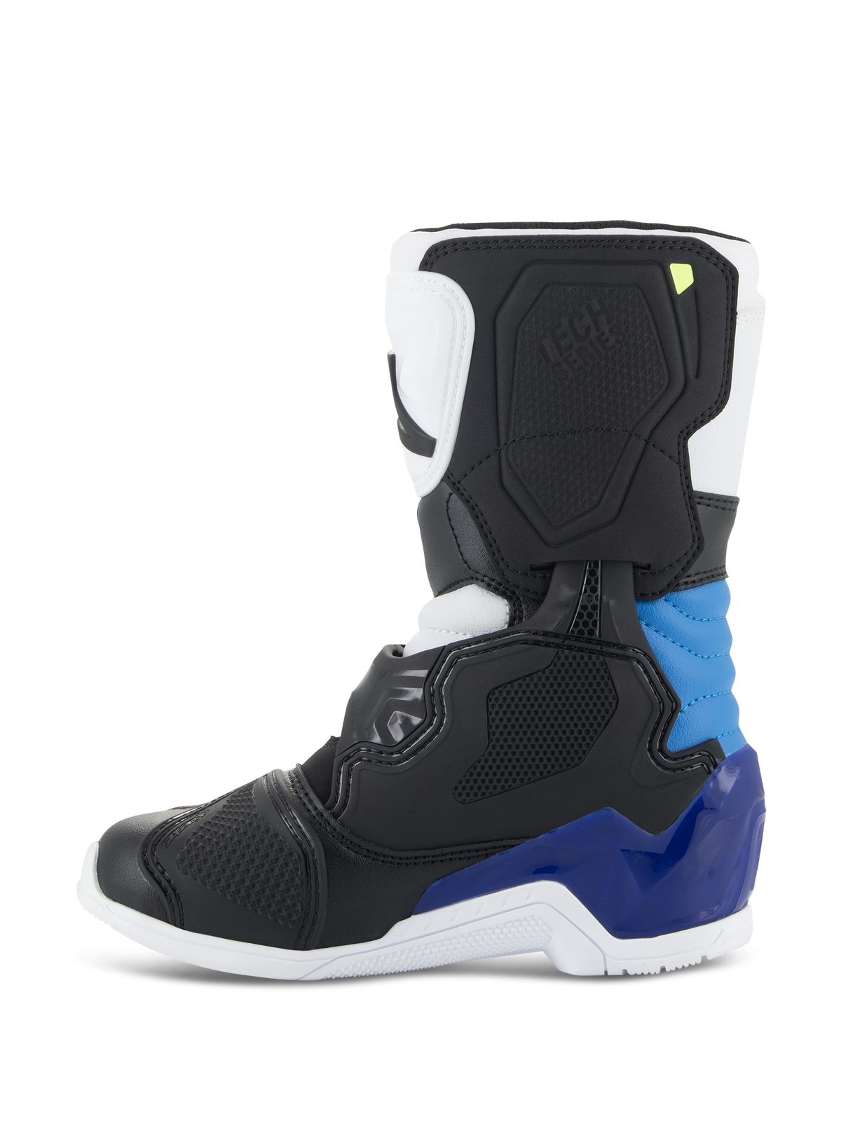 Alpinestars Tech 3S Barnstövlar, motocross-stövlar, vit, svart och emaljblå, sidoprofil med svarta och vita paneler, livfulla blå detaljer på häl och vrist, vit sula, strukturerat skyddande skal för terrängkörning