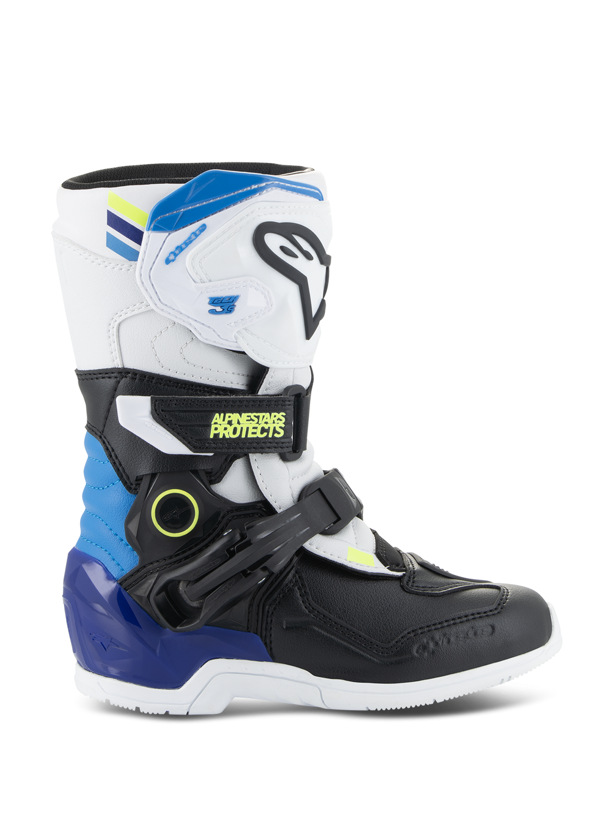 Alpinestars Kids Tech 3S-stövlar, motocross-stövlar för barn, vita och svarta med blå och gula detaljer, sidovy som visar skyddande spännesremmar och robust sula, terrängskor för racing