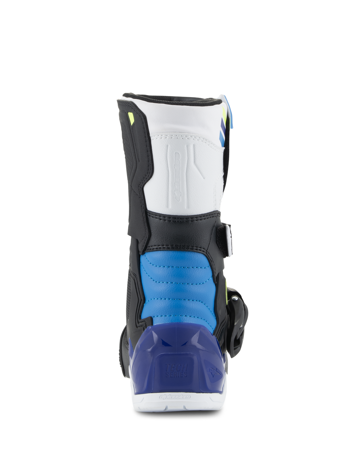 Alpinestars Tech 3S barnstövlar, motocross-stövlar, White Black Enamel Blue, vy bakifrån med blå vadderad hälsektion och genomskinlig blå hälkappa, slitstark skyddsutrustning för terrängkörning för barn