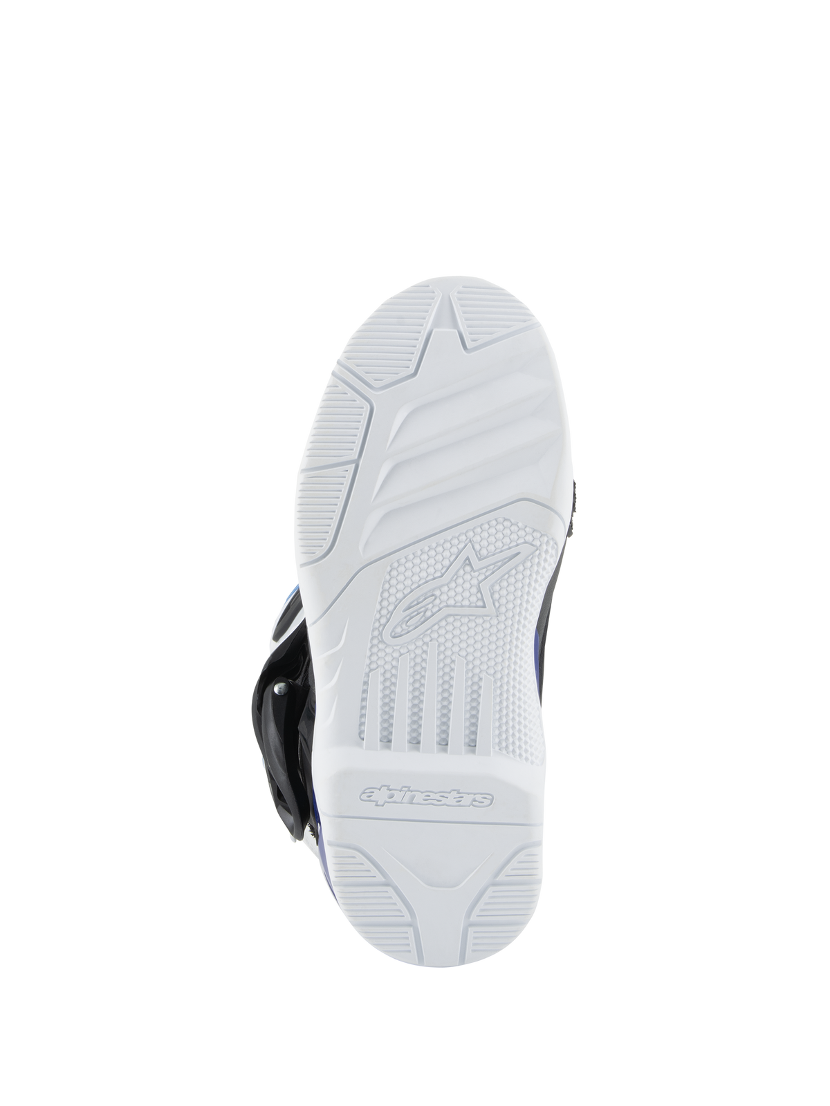 Alpinestars Kids Tech 3S-stövlar, motocross-stövlar, vit gummiyttersula, mönstrat grepp för terrängkörning, med Alpinestars logotyp och ordmärke på undersidan