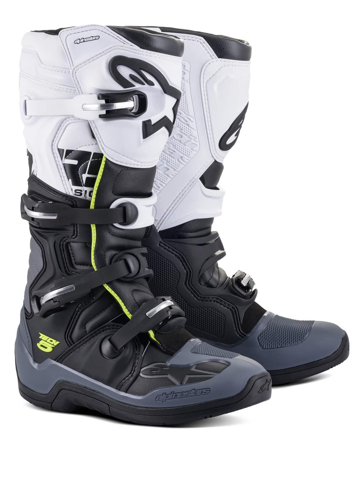 Alpinestars Tech 5 stövlar, motocross- och offroadstövlar, svarta, mörkgrå och vita med neongula detaljer, stängningssystem med fyra spännen, vit övre panel med svart Astars-logotyp, mörkgrått tå- och hälskydd, hållbar mikrofiberkonstruktion