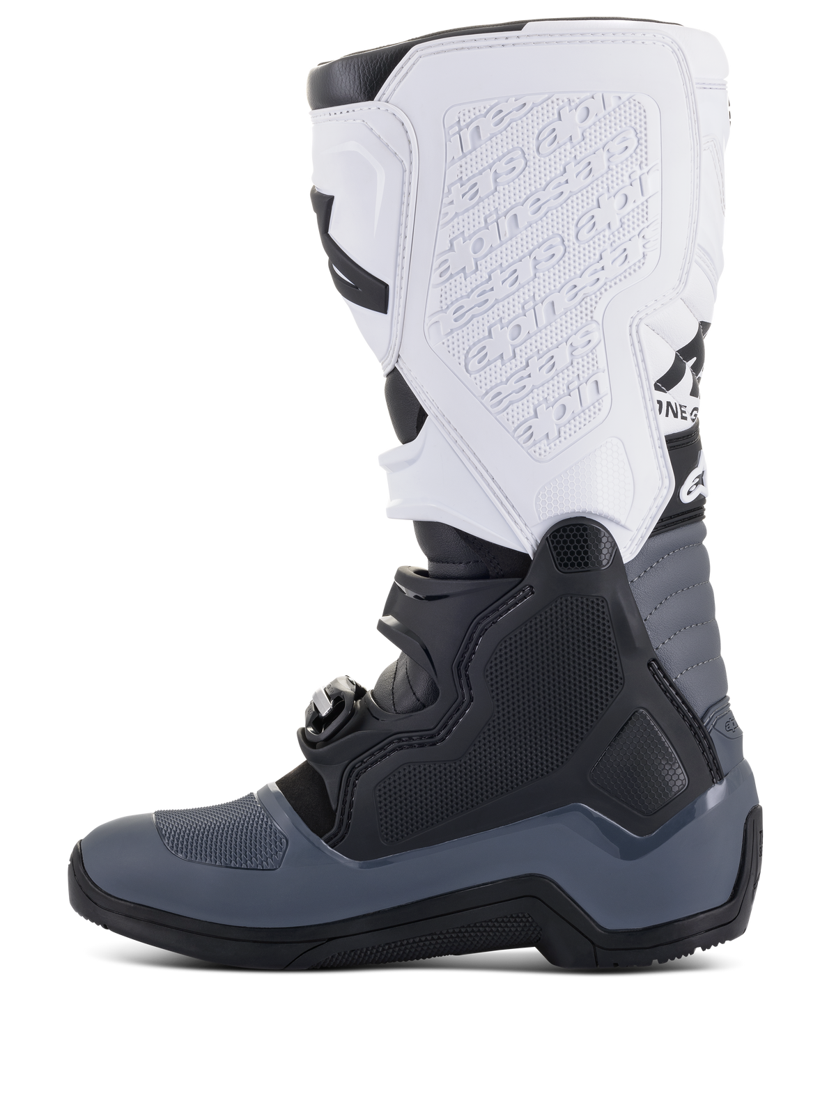 Alpinestars Tech 5-stövlar, motocross-stövlar, svarta, mörkgrå och vita, sidoprofilvy med flera spännen, präglad logotyp på det vita smalbensskyddet, hållbar konstruktion för offroad-prestanda