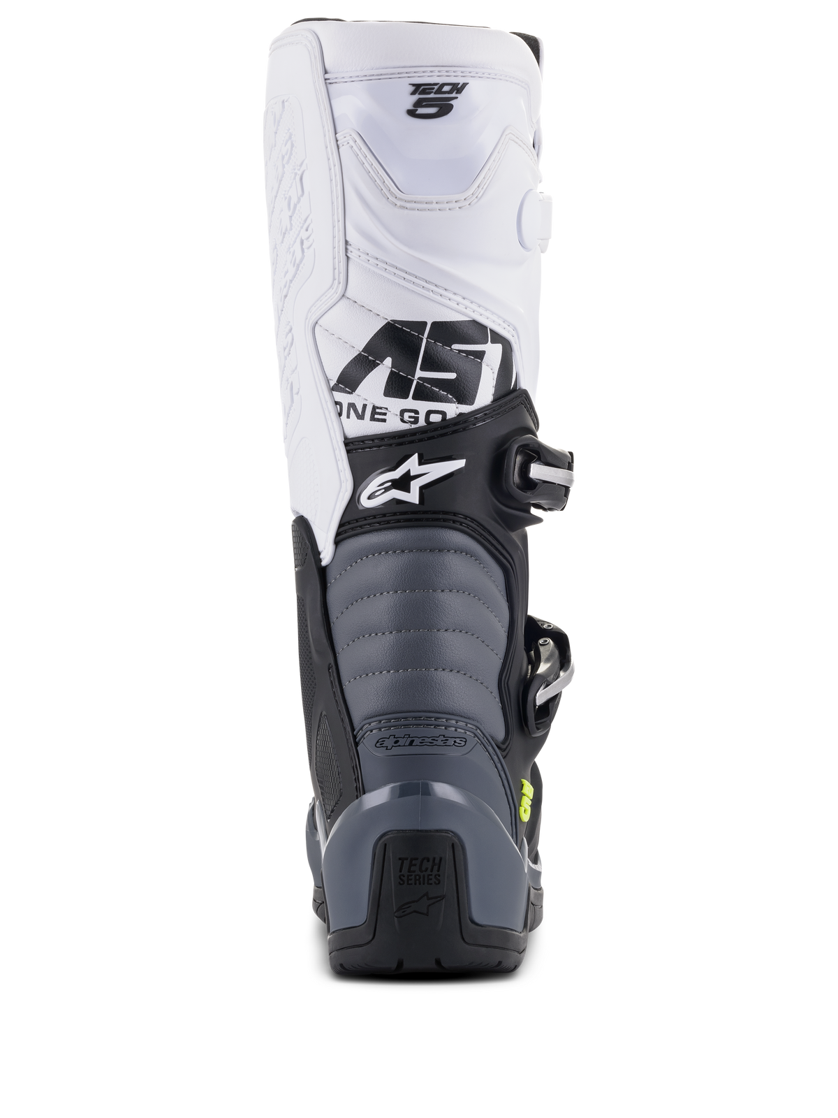 Alpinestars Tech 5-stövlar, motocross-stövlar, svart, mörkgrå och vit, vy bakifrån som visar vit ovandel med Tech 5-logotyp, grå dragspelsformade flexzoner och svart hälskydd med Tech Series-logotyp