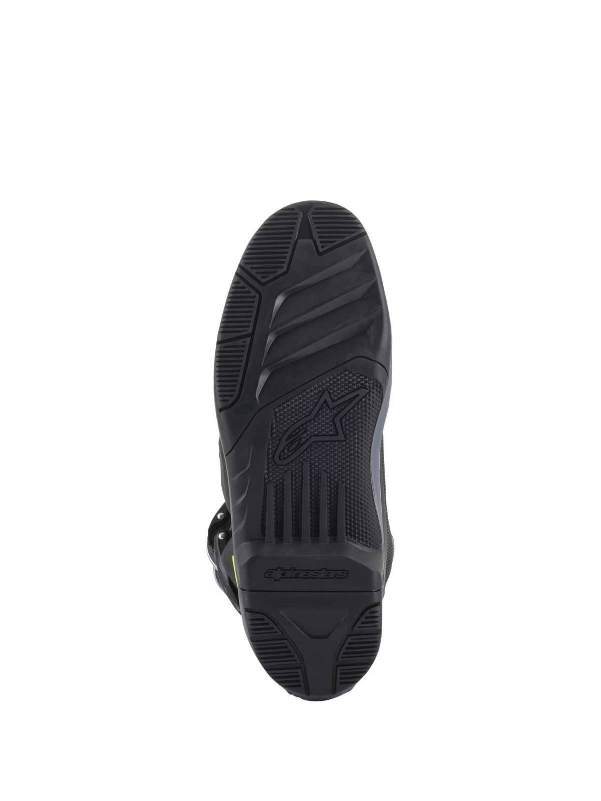 Alpinestars Tech 5-stövlar, vy av sulan, svart, detaljerat mönstrat slitbanemönster för grepp i terräng, med präglad Alpinestars-logotyp och stjärnsymbol, hållbar konstruktion för motocross