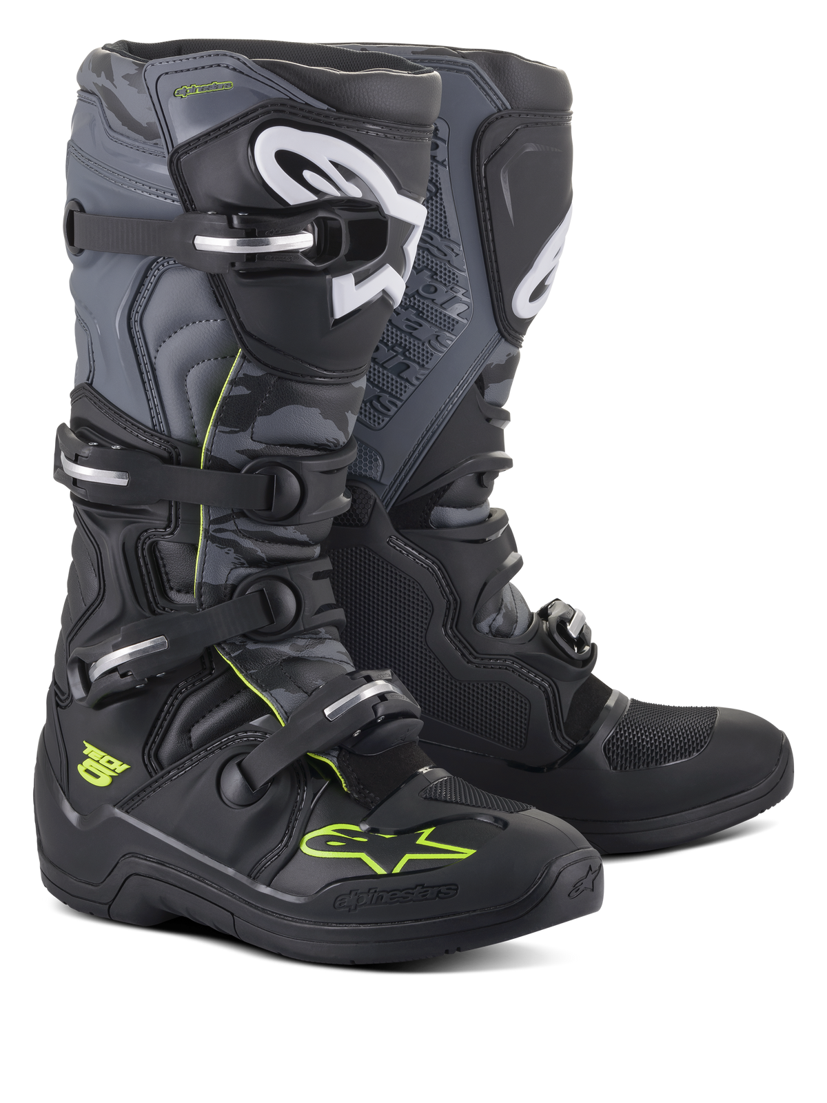 Alpinestars Tech 5 Boots, Motocross and Off-Road Boots, Black Cool Gray and Yellow Fluo, featuring a four-buckle closure system, white shin logos, and neon yellow accents, durable microfiber construction for off-road performance.