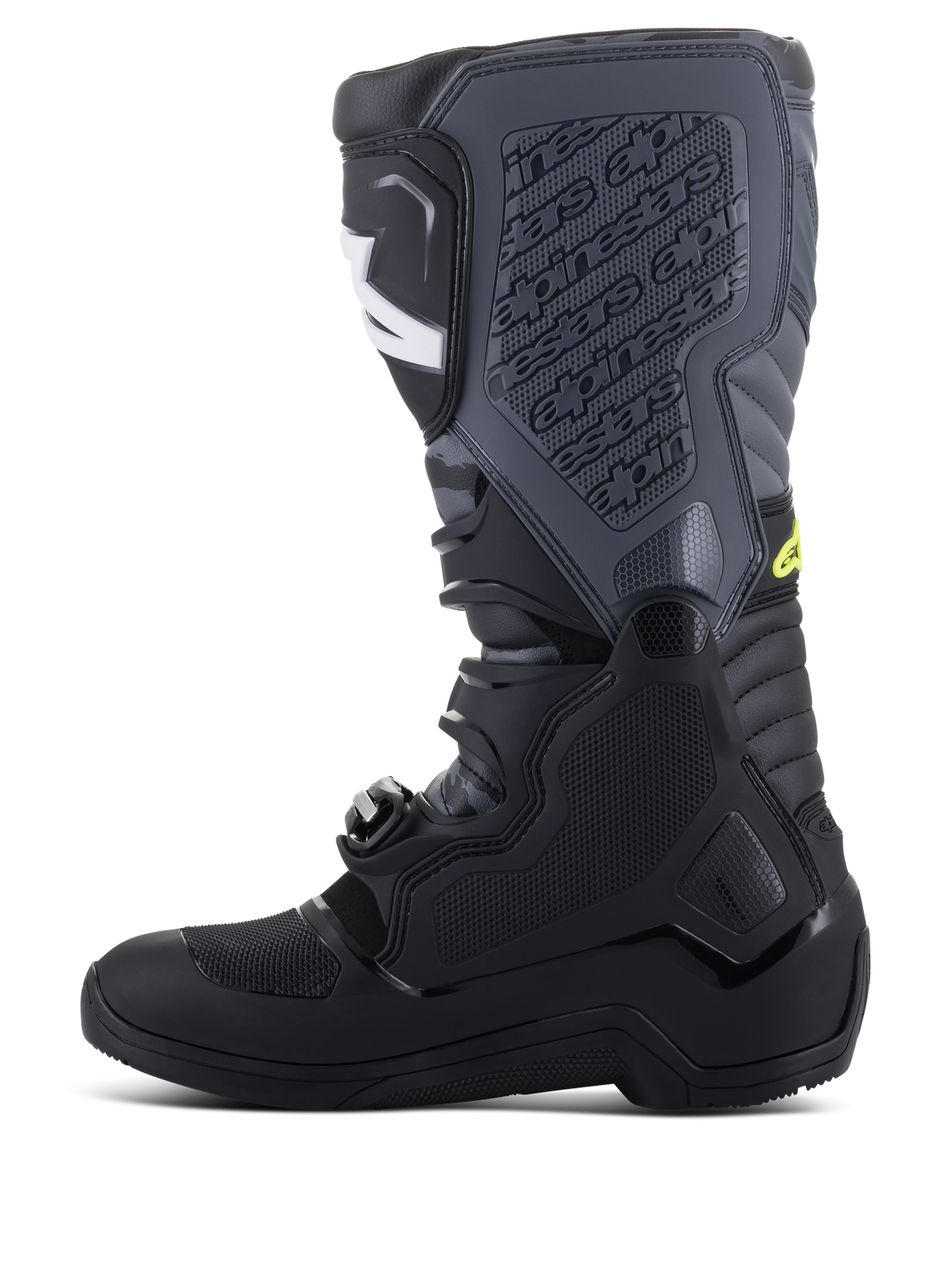 Alpinestars Tech 5 Boots, Motocross Boots, Black and Cool Gray with Yellow Fluo accents, side profile showing tall multi-panel construction, buckle closure system, and textured shin plate with embossed branding, off-road racing footwear