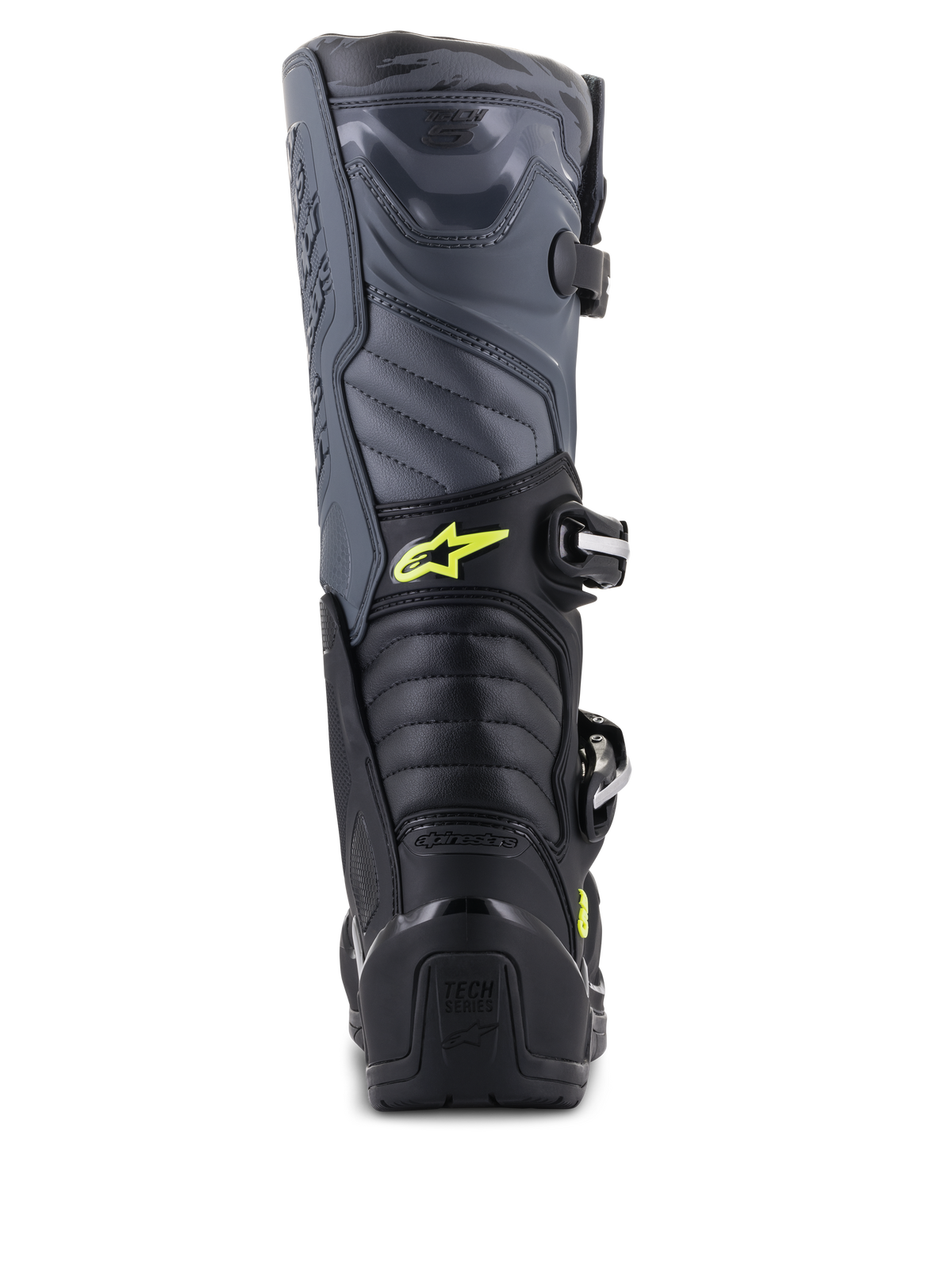 Alpinestars Tech 5 Boots, Motocross Boots, Black Cool Gray and Yellow Fluo, rear view showing accordion flex zones and heel protection, featuring yellow Astars logo and embossed Tech Series branding, durable multi-material construction for off-road performance