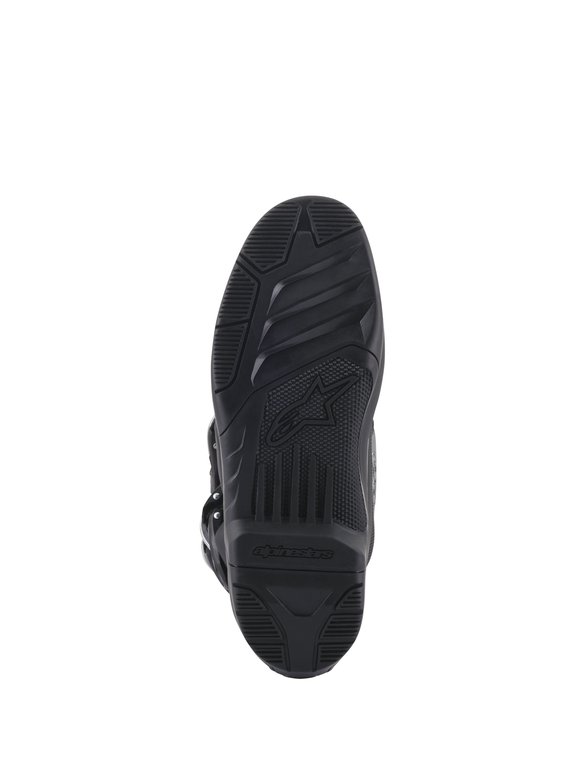 Alpinestars Tech 5 Boots, bottom view of sole, black rubber with textured grip patterns, featuring Alpinestars star logo and branding, durable design for motocross and off-road traction