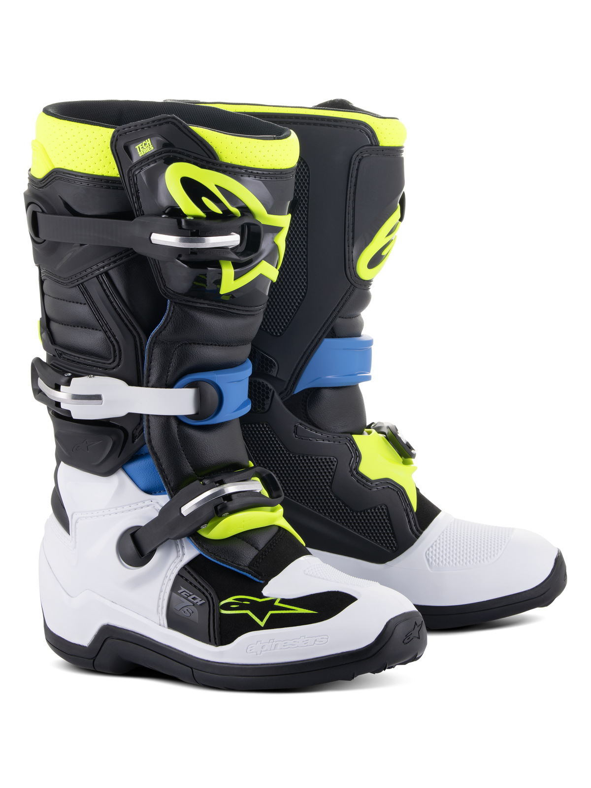 Alpinestars Youth Tech 7S Boots, Motocross Boots, Black Enamel Blue Yellow Fluo and White, featuring high-impact buckle closures, TPU shin plates, and flexible pivot system for junior off-road performance.