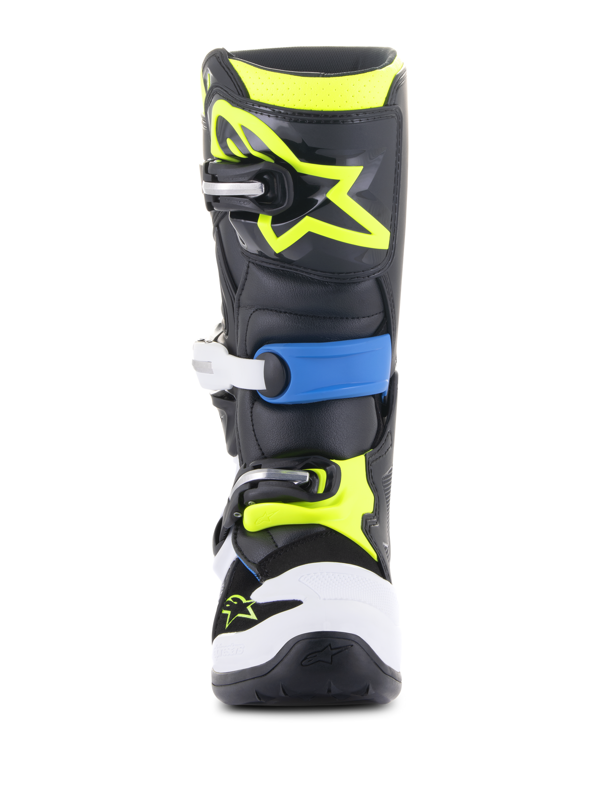 Alpinestars Youth Tech 7S Boots, Motocross Boots, Black Enamel Blue and Yellow Fluo, front view featuring a durable multi-buckle closure system, white toe guard, and vibrant fluorescent yellow Alpinestars logo on the shin plate