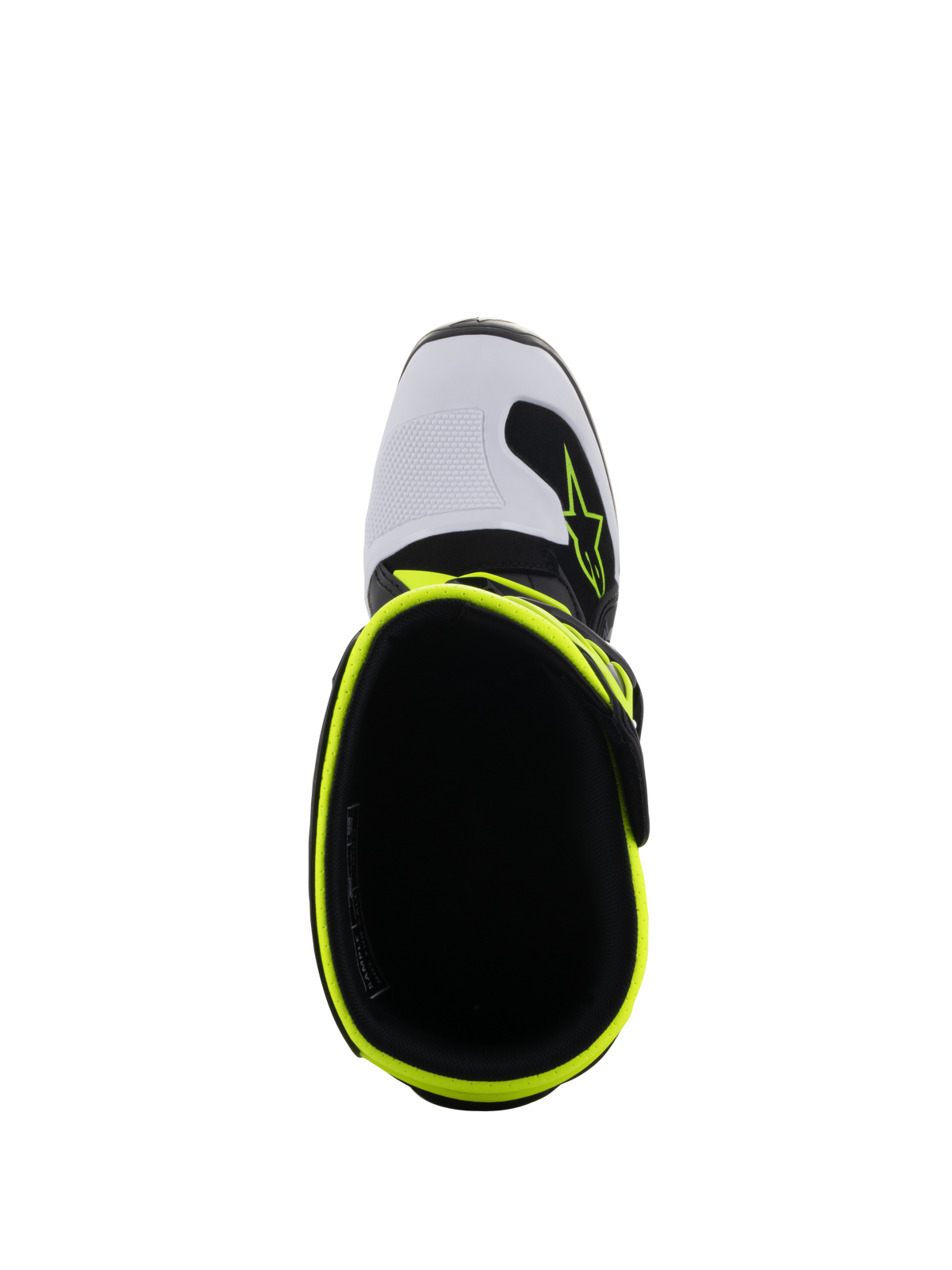 Alpinestars Youth Tech 7S Boots, Motocross Boots, Black White and Yellow Fluo, top-down view showing the interior opening and fluorescent yellow rim, white toe box with Alpinestars logo, high-performance youth protective footwear