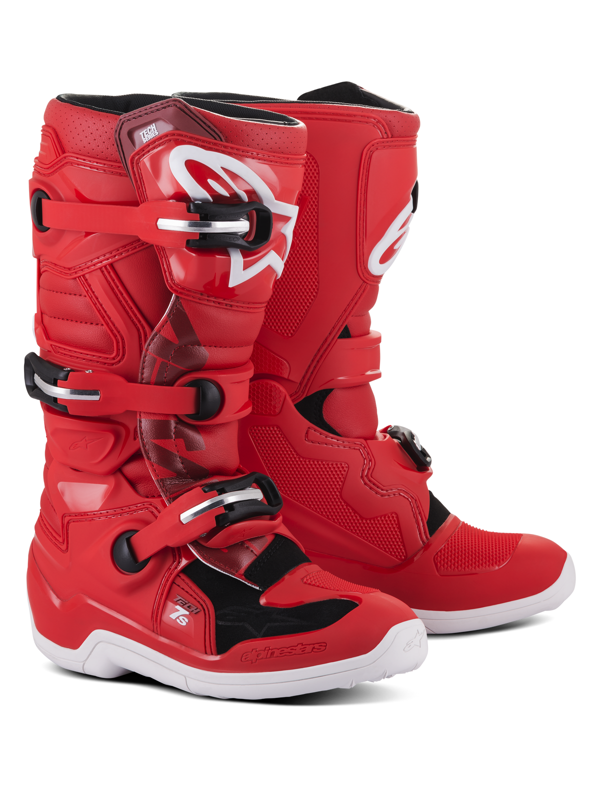 Alpinestars Youth Tech 7S Boots, röda motocross-stövlar med vita och svarta detaljer, med ett stängningssystem med tre spännen, vit Alpinestars-logotyp på smalbenet och en hållbar vit sula