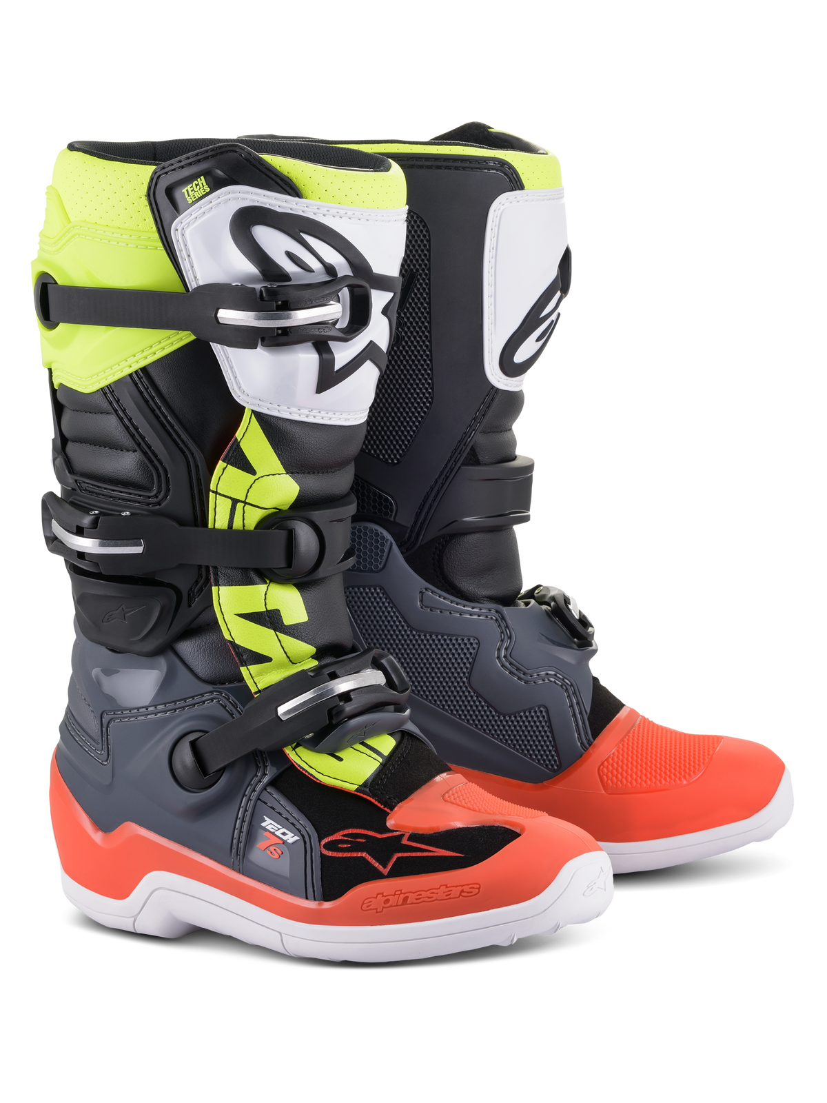Alpinestars Youth Tech 7S-stövlar, motocrossstövlar, mörkgrå med röda och fluoriserande gula detaljer, vit TPU-skenbensplatta med svart logotyp, stängningssystem med tre spännen och hållbar vit sula, utvecklad för juniorförare för terrängkörning