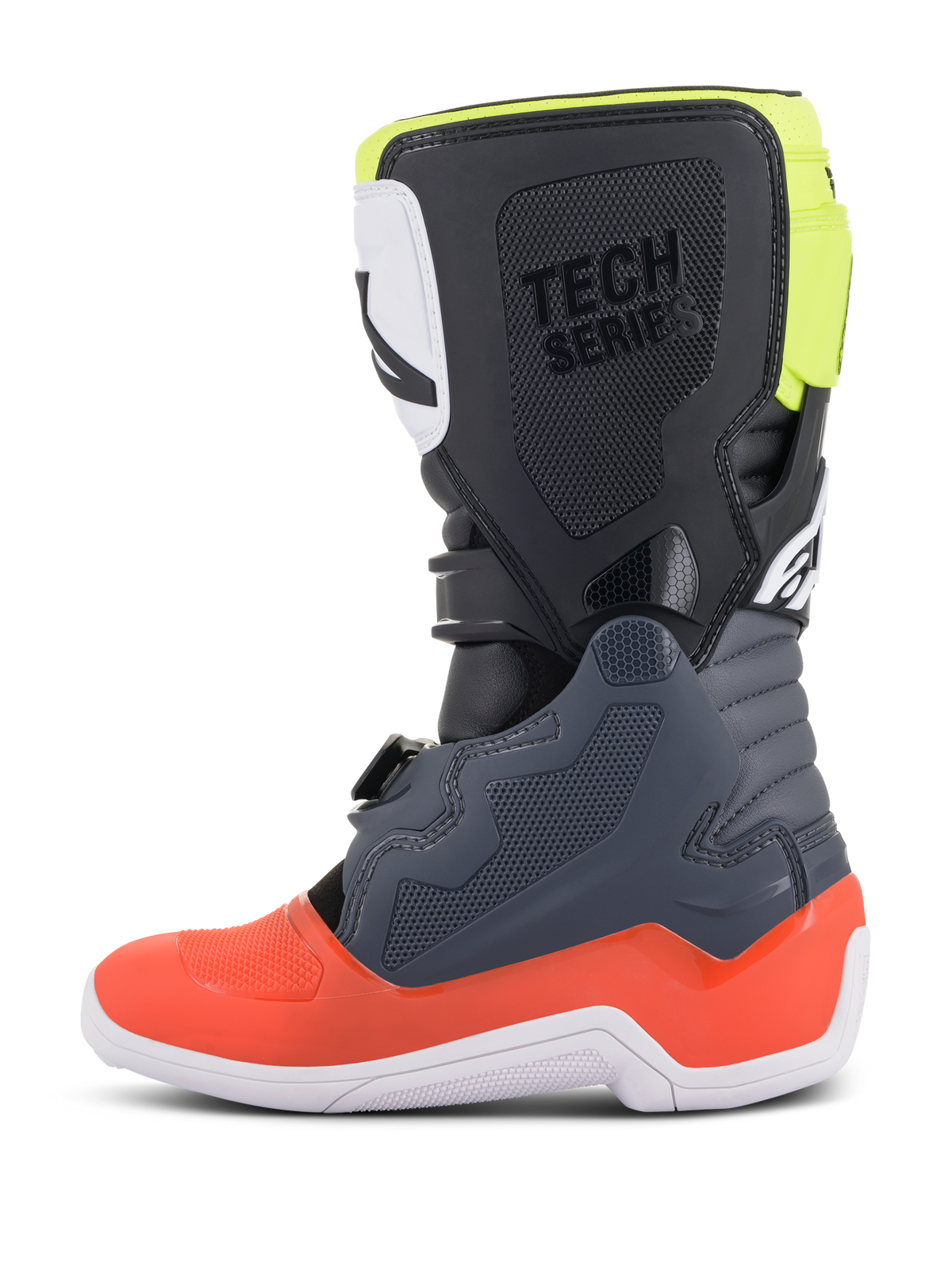Alpinestars Youth Tech 7S Boots, Motocross Boots, Dark Gray with Red and Fluorescent Yellow accents, side profile view, white sole, 'TECH SERIES' branding, and durable TPU protective panels.