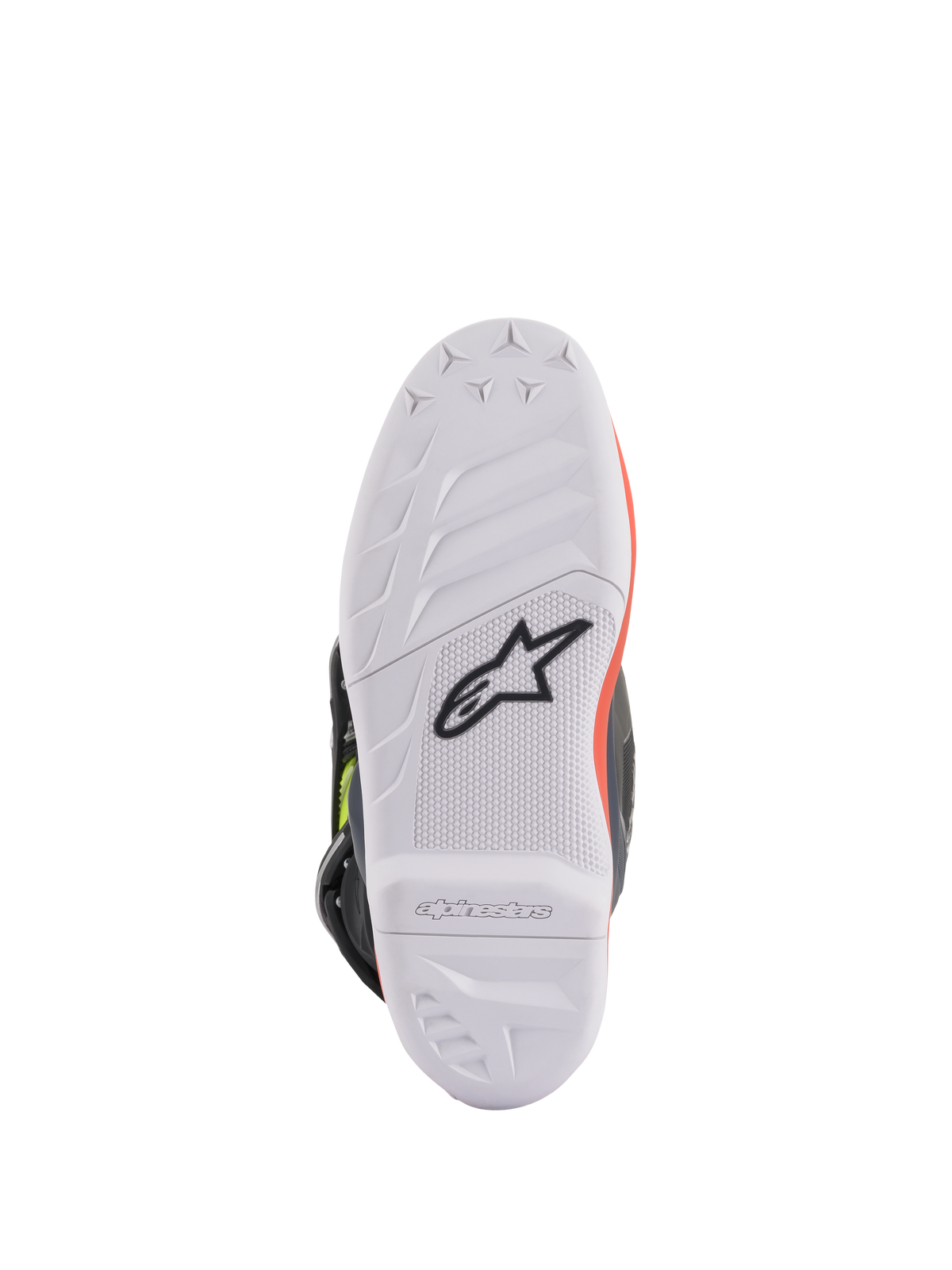 Alpinestars Youth Tech 7S Boots, Motocross Boots, Dark Gray Red Fluorescent and Yellow Fluorescent, bottom sole view showing white high-grip rubber sole with black Astars logo, durable construction for off-road riding