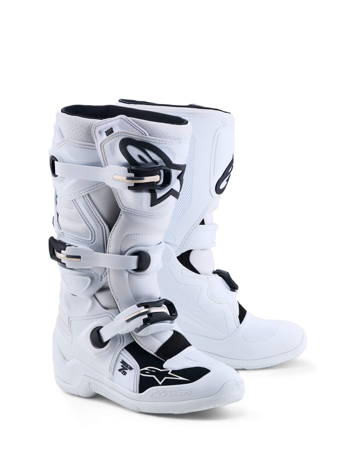 Alpinestars Ungdom Tech 7S stövlar, motocrossstövlar för ungdomar, vita och svarta, CE-certifierade med TPU-skydd och robusta spännen för terrängkörning.