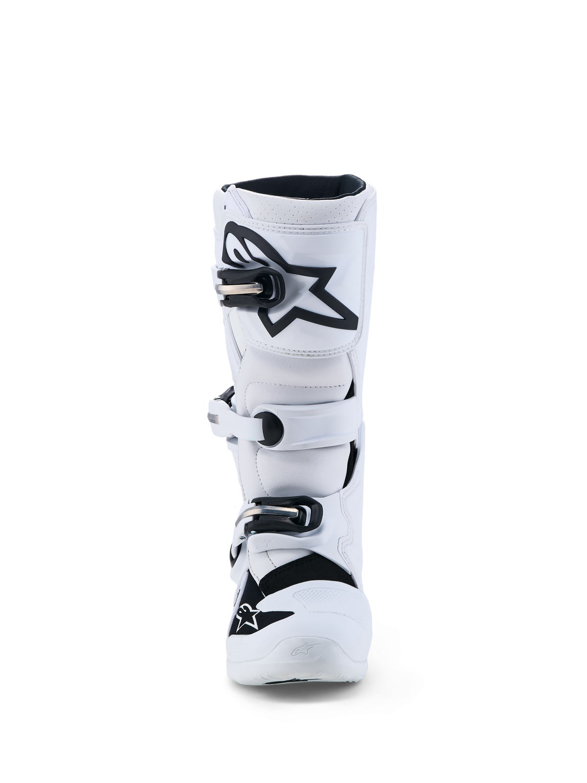 Alpinestars Youth Tech 7S Boots, youth motocross racing footwear, white and black, CE certified with TPU shin protection.