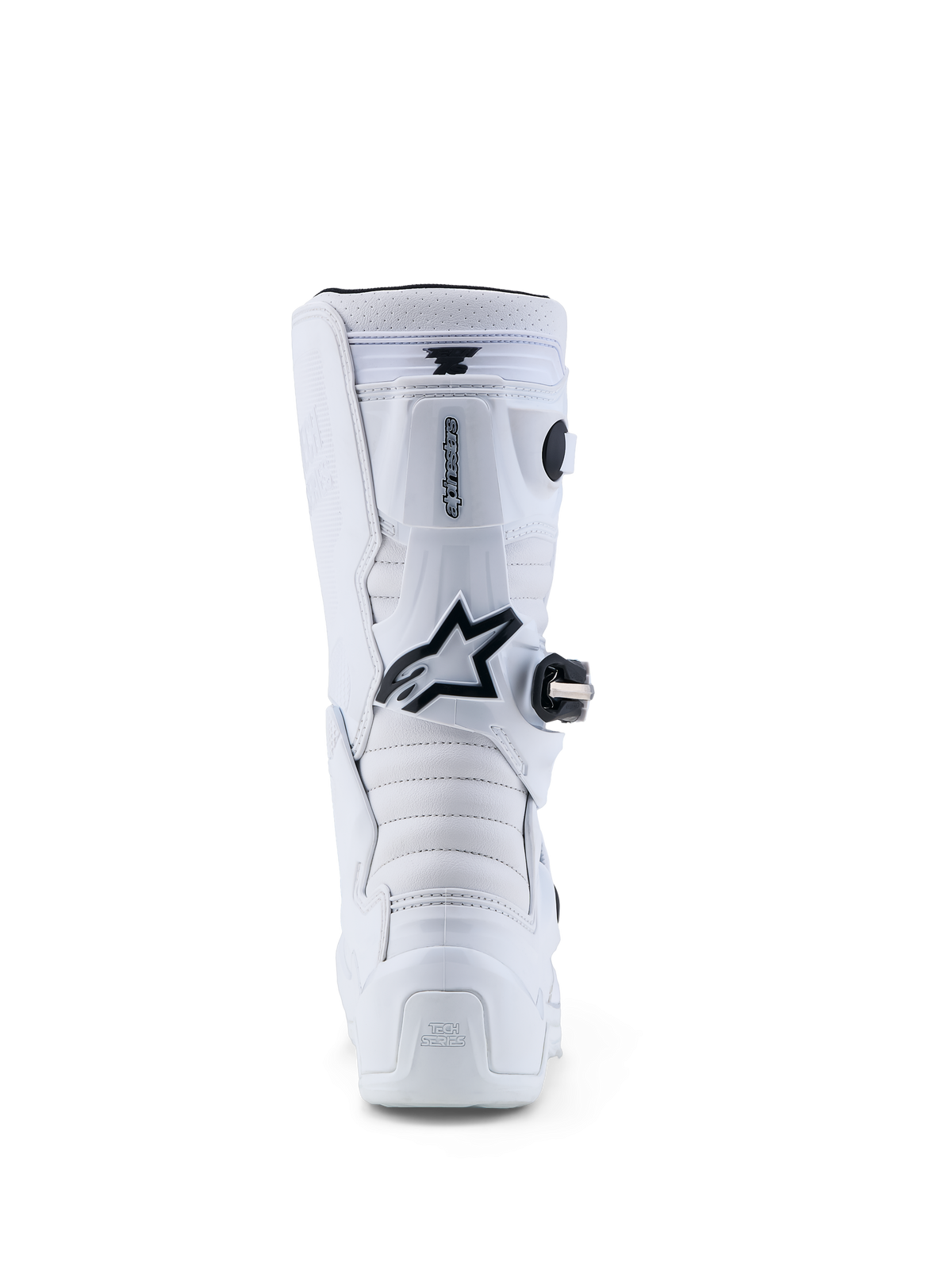 Alpinestars Youth Tech 7S Boots, white and black motocross boots for junior riders, rear view showing protective TPU plates.