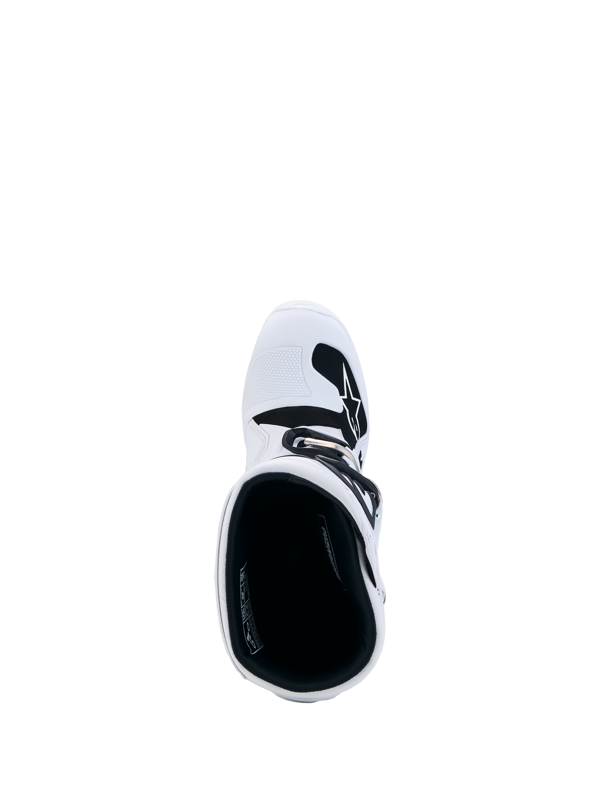 White Alpinestars Youth Tech 7S Motocross Boots, top-down view showing black interior padding and white TPU shin plate.