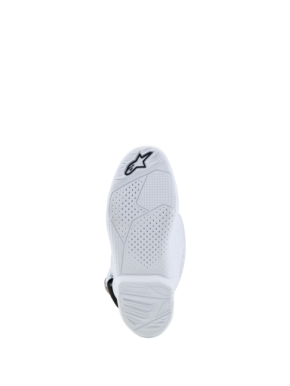 Alpinestars Youth Tech 7S Boots, white motocross racing boots, durable compound sole with textured grip and logo.