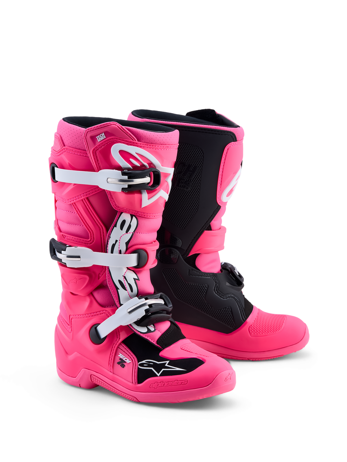 Alpinestars Youth Tech 7S Motocross Boots in Pink Fluo and Black with white accents, CE certified with TPU protection for junior riders.