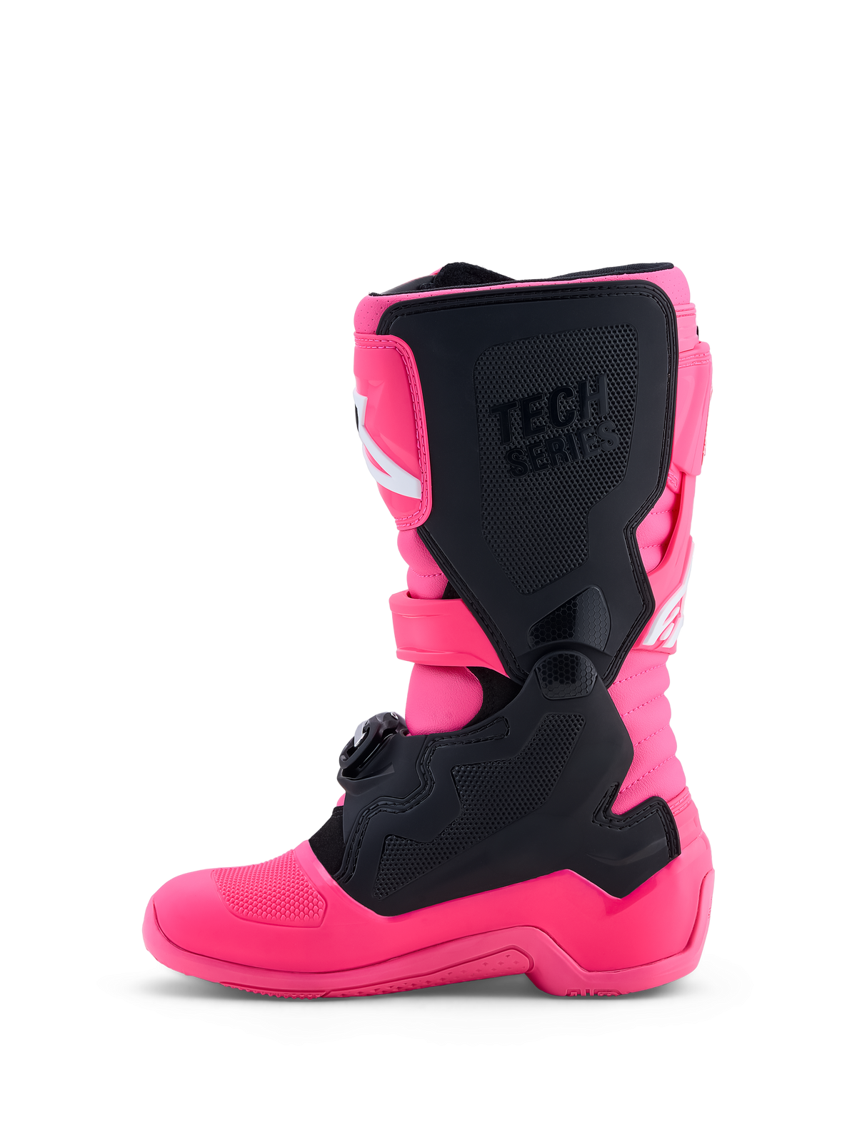 Alpinestars Youth Tech 7S Motocross Boots, Pink Fluo and Black, featuring TPU protection and a junior-specific fit.