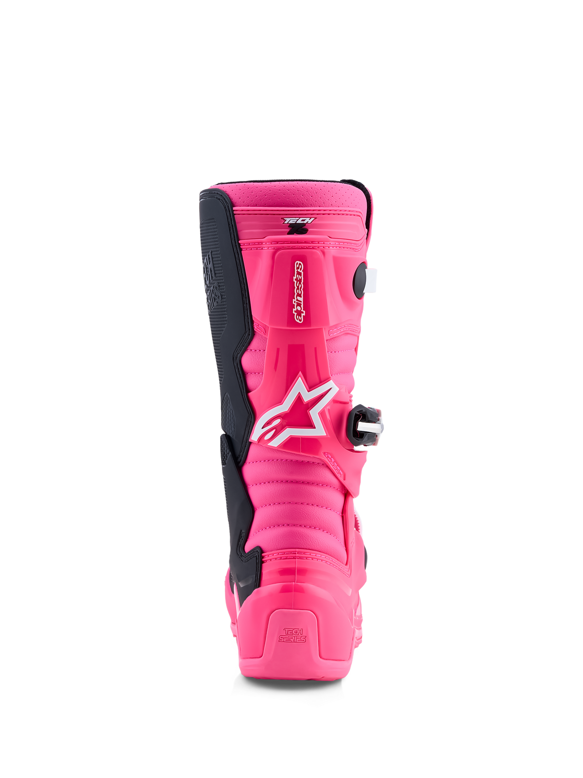 Alpinestars Youth Tech 7S Motocross Boots in Pink Fluo and Black, featuring TPU protection and a performance pivot system.