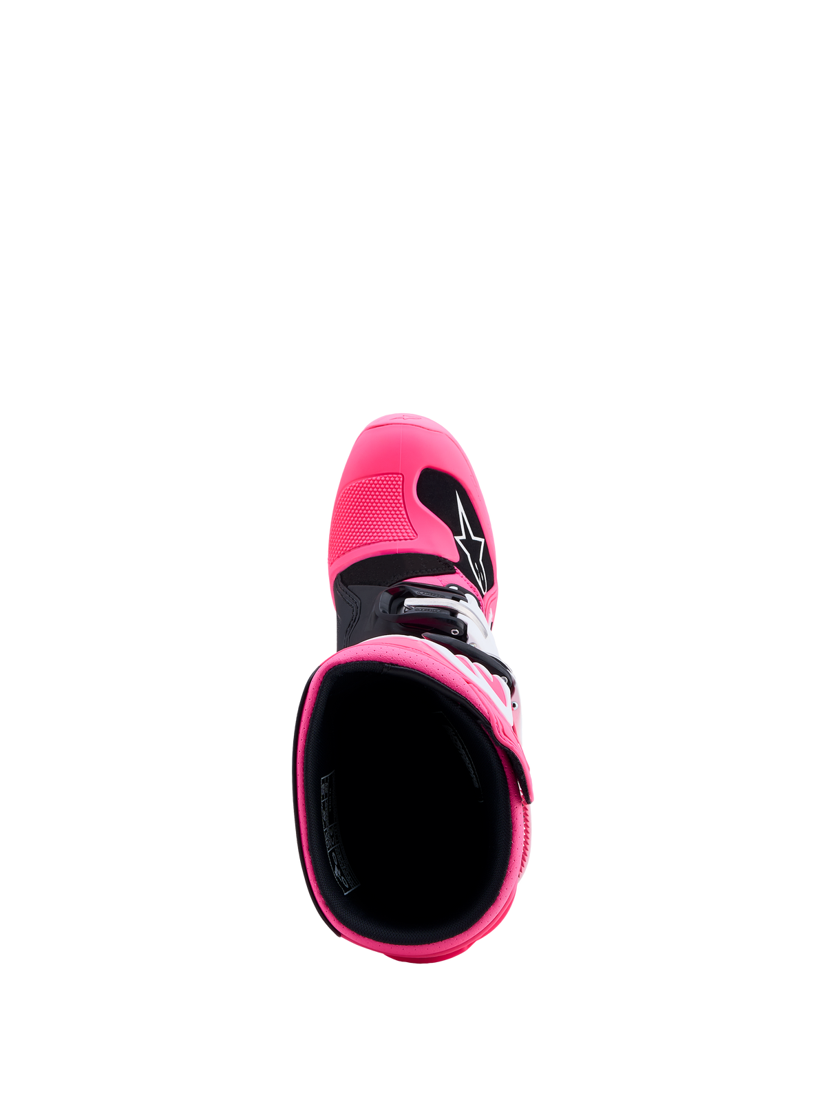 Alpinestars Youth Tech 7S Boots, pink fluo and black junior motocross boots, top-down view of interior and TPU protection.