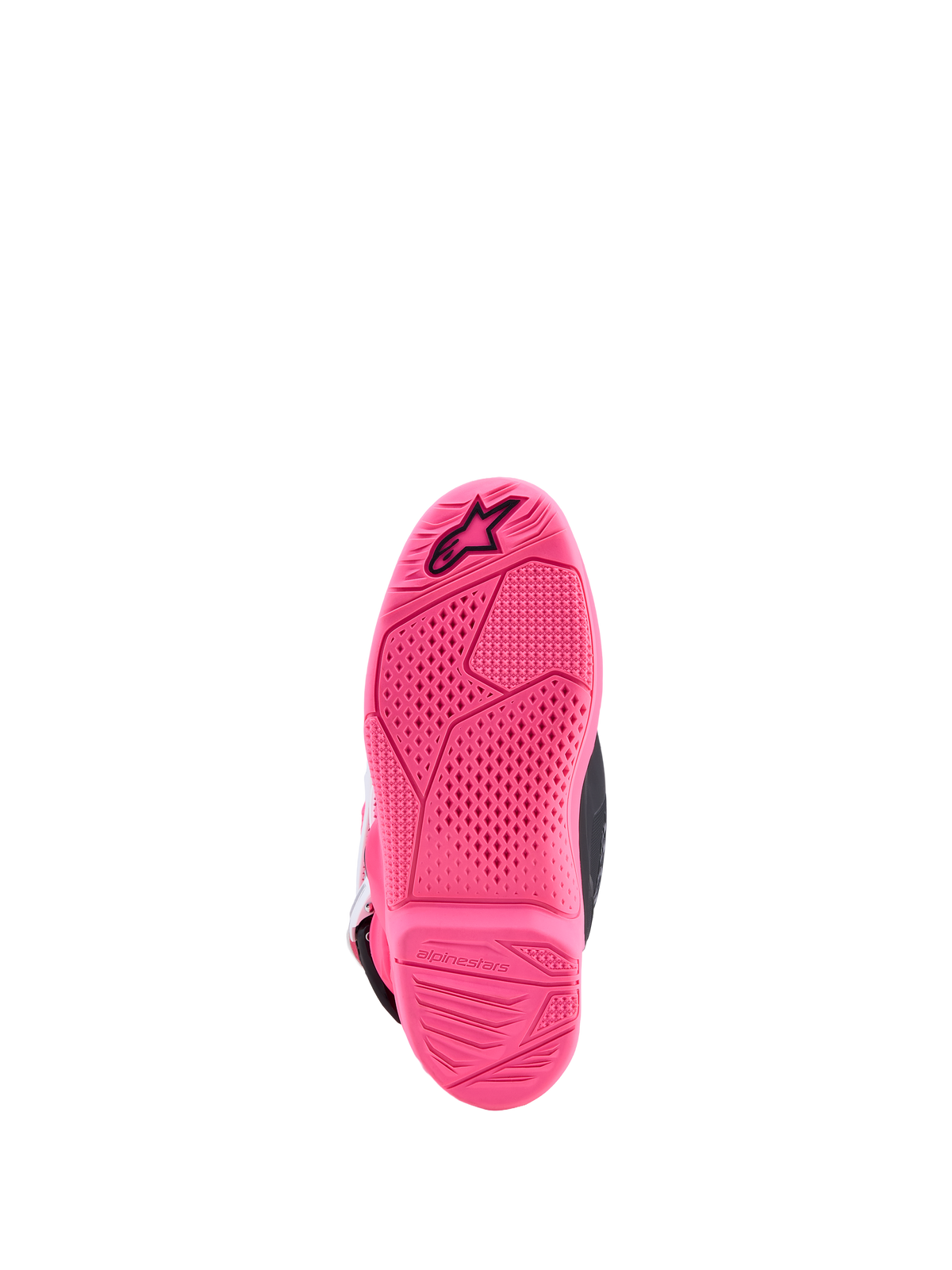 Alpinestars Youth Tech 7S Boots, motocross boots for junior riders, pink fluo sole with textured grip and star logo.
