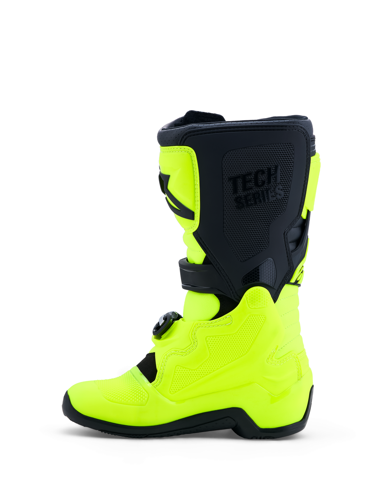 Alpinestars Youth Tech 7S Motocross Boots, Yellow Fluo and Black, featuring a protective TPU chassis for junior riders.