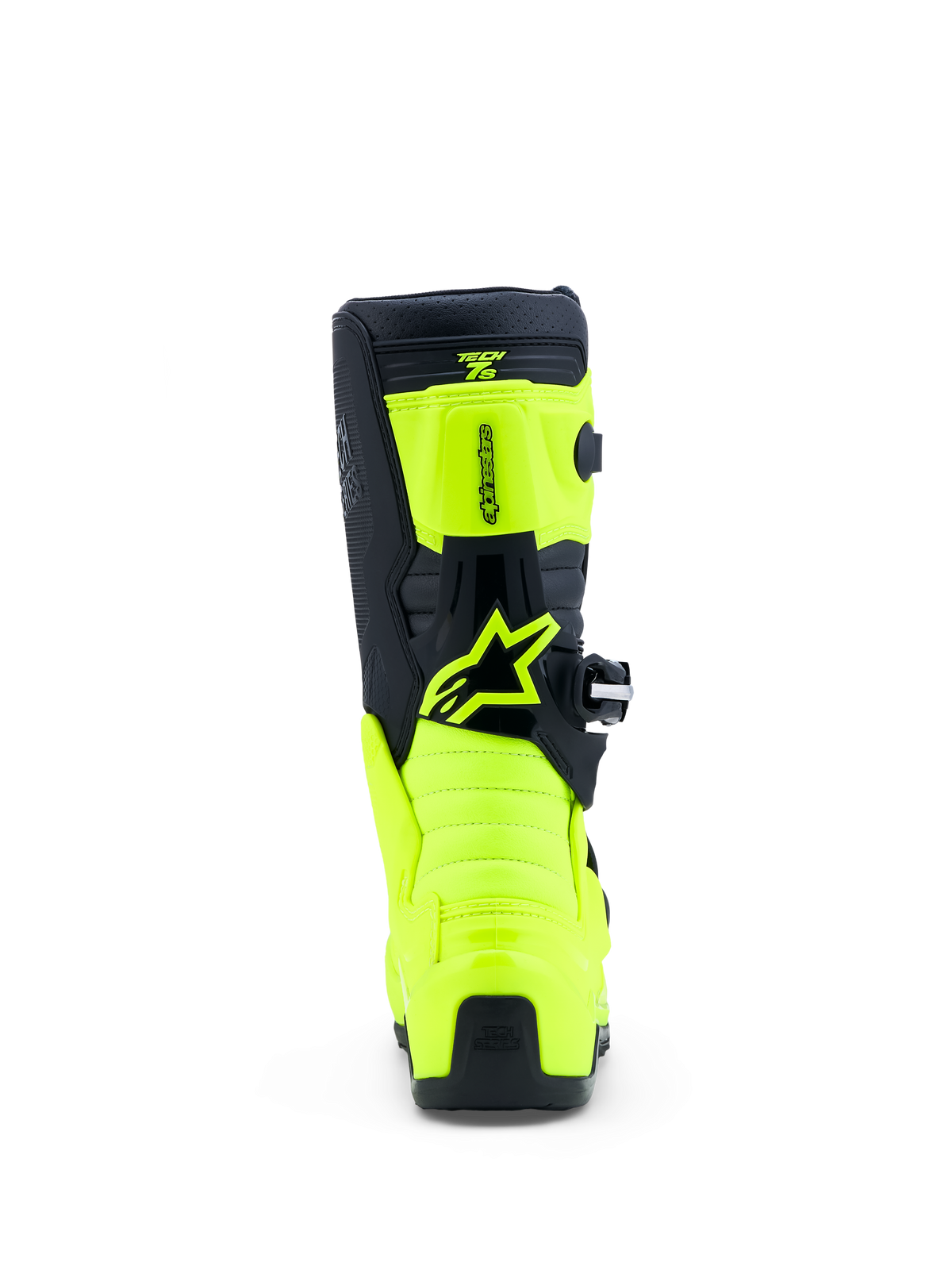 Alpinestars Youth Tech 7S Motocross Boots, rear view in Yellow Fluo and Black with protective TPU panels and Astar logo.