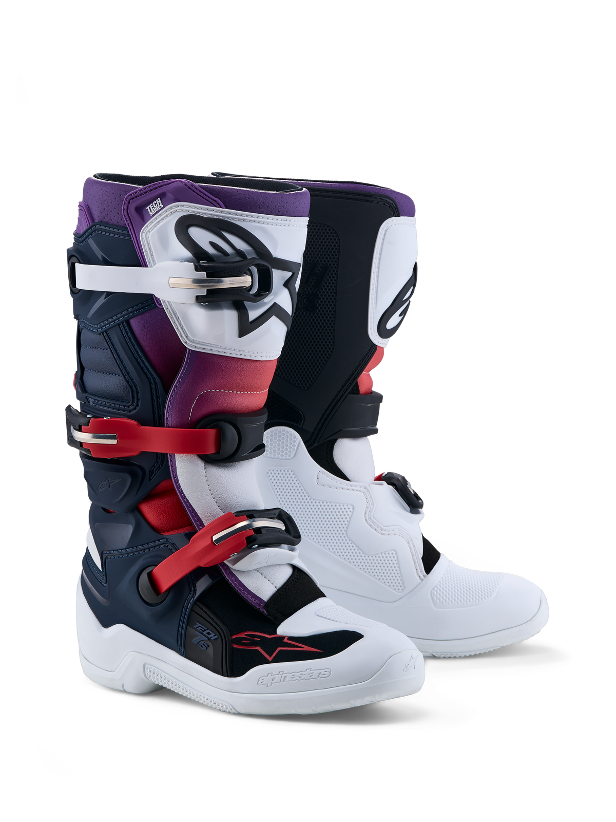 Alpinestars Youth Tech 7S motocross boots in dark blue, white, and black for junior riders with CE certified TPU protection.