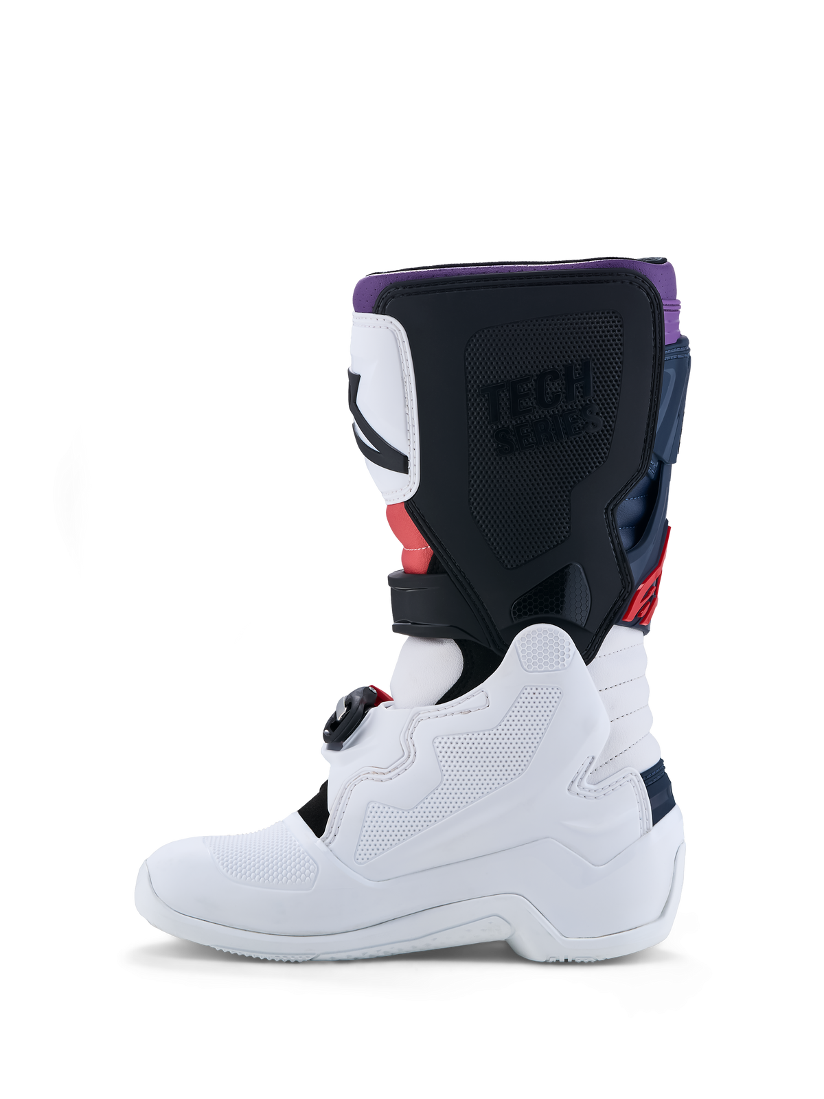 Alpinestars Youth Tech 7S Motocross Boots, white and black with red accents, durable TPU construction for junior riders.