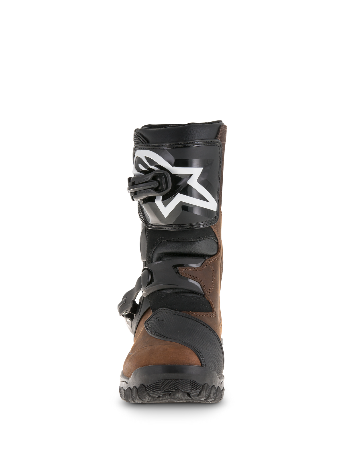Alpinestars Belize Drystar®-stövlar, äventyrstouringstövlar, oljad brun och svart, vy framifrån som visar TPU-skenbensskydd med vit stjärnlogotyp, dubbelt spännsystem och robust mönstrad sula