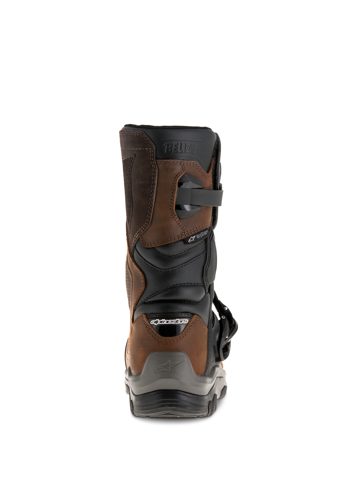 Alpinestars Belize Drystar®-stövlar, bakifrån, oljad brun och svart, vattentäta äventyrstouringstövlar för motorcykel med kort skaft, präglad 'BELIZE'-logotyp och robust hälskydd