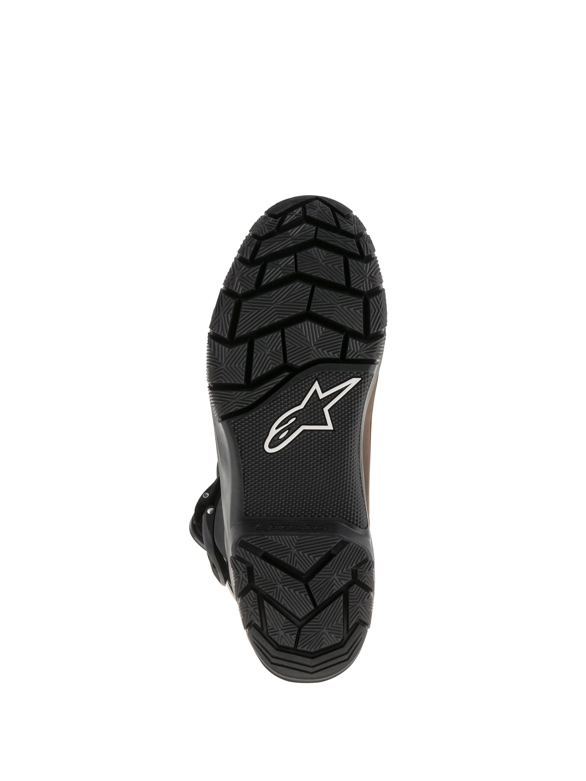 Alpinestars Belize Drystar® kängor, svart vulkaniserad gummiyttersula med robust strukturerat mönster, vit Alpinestars stjärnlogotyp, slitstark greppdesign för adventure touring