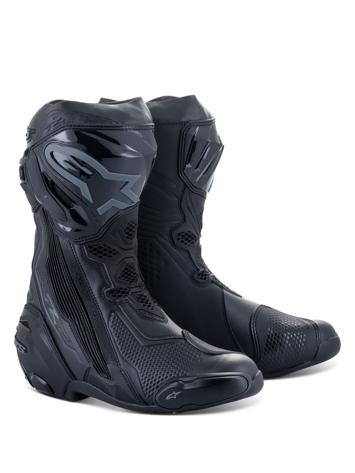 Alpinestars Supertech R Boots, Motorcycle Racing Boots, Black on Black, featuring protective TPU shin plates, replaceable sliders, and a streamlined performance design for road and track riding.