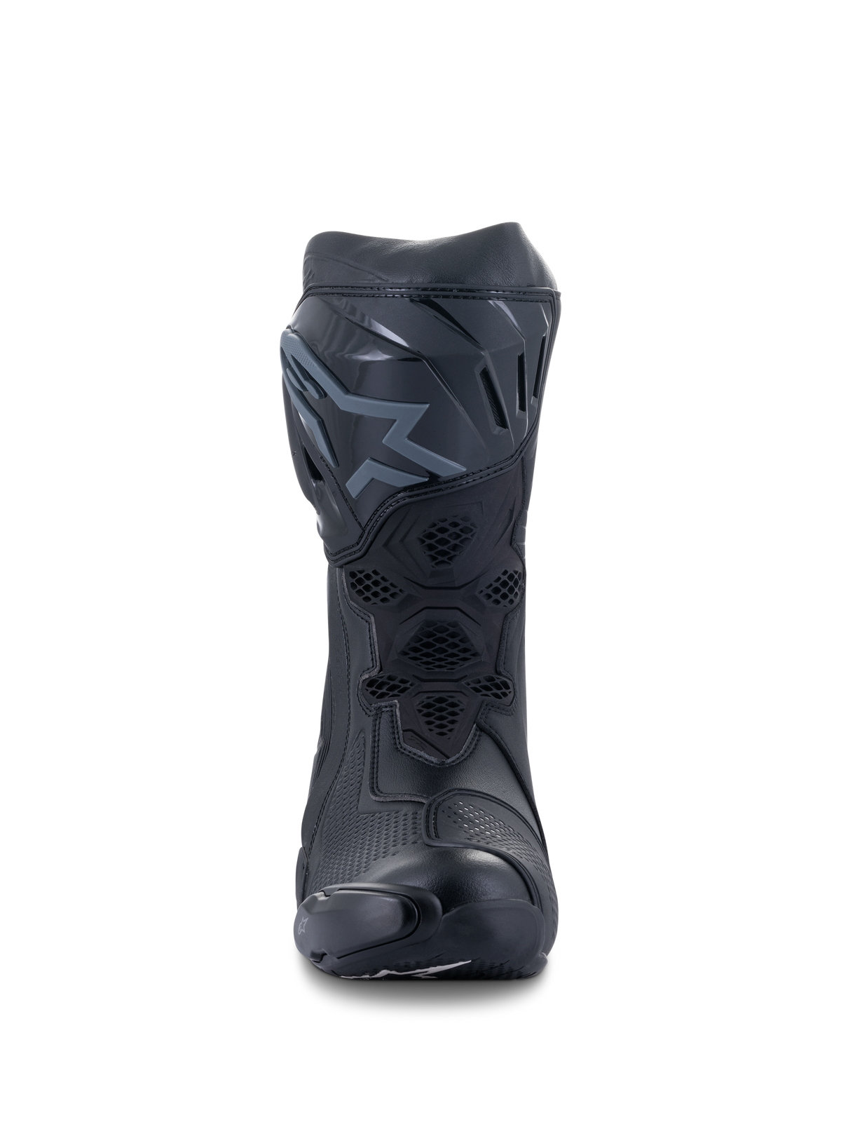 Alpinestars Supertech R Boots, Racing Motorcycle Boots, Black and Black, front view showing the TPU shin plate with logo, mesh ventilation panels, and streamlined protective construction