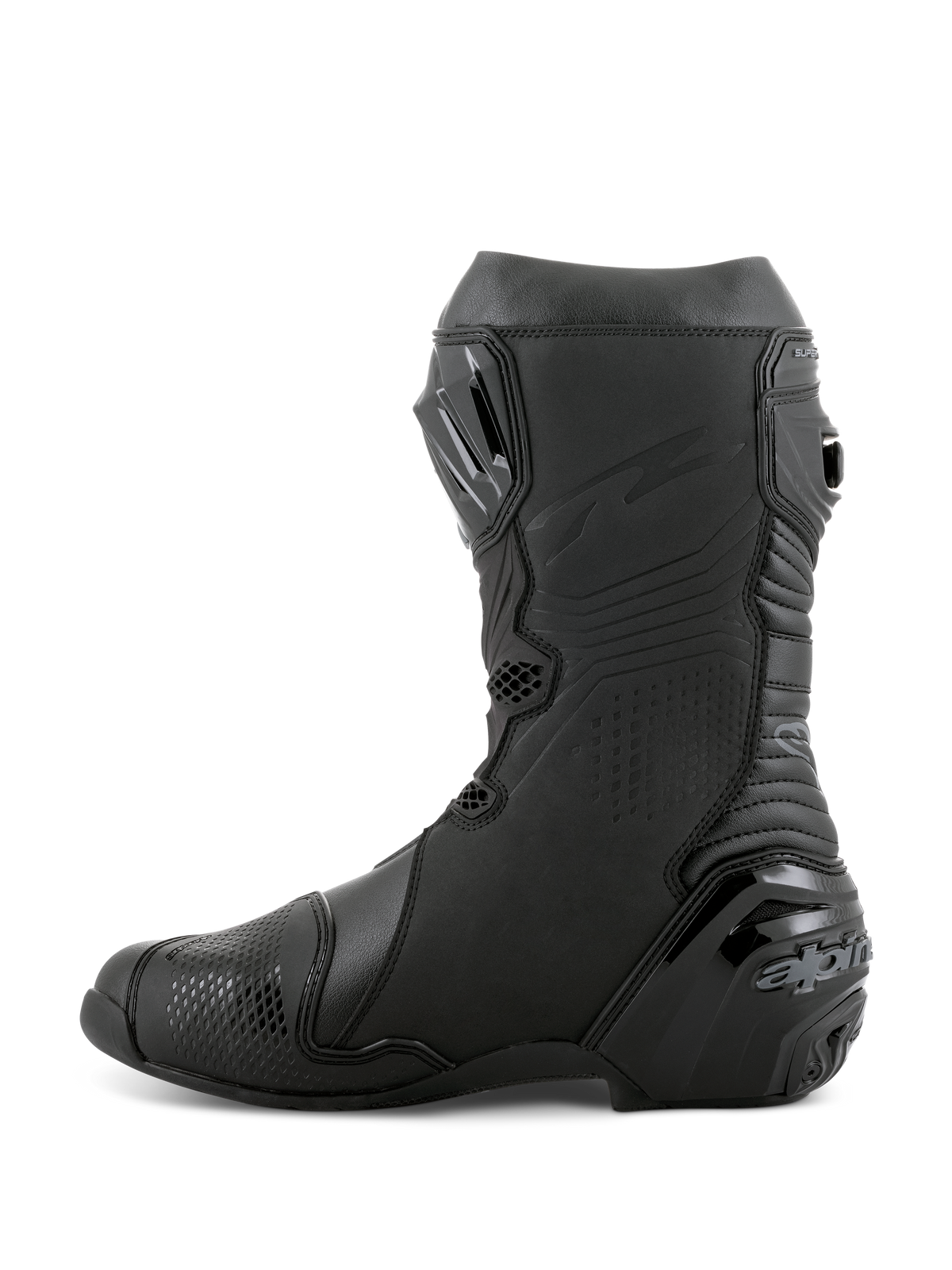 Alpinestars Supertech R Boots, Racing Motorcycle Boots, Black Black, side profile view featuring the TPU shin plate, reinforced heel protector, and accordion flex zones for natural movement, professional track and street performance footwear