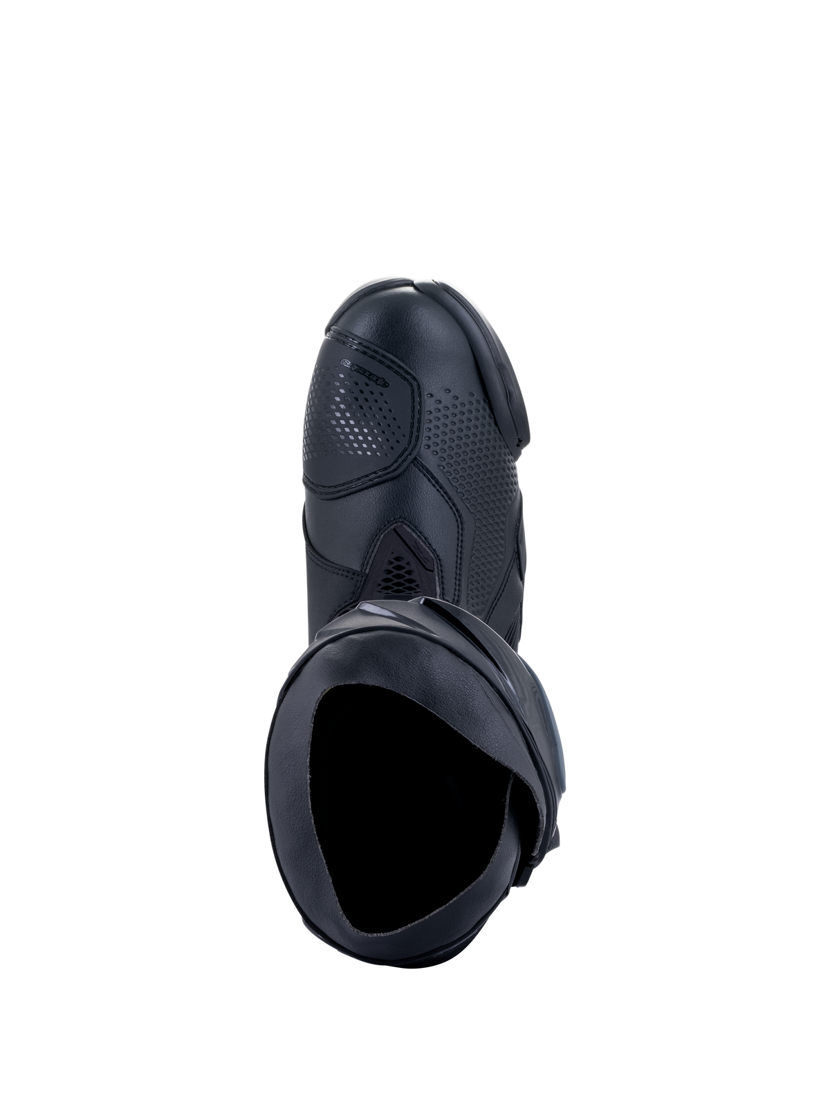 Alpinestars Supertech R Boots, Motorcycle Racing Boots, Black Black, top-down view showing the inner opening, shift pad, and textured synthetic upper, professional racing footwear design