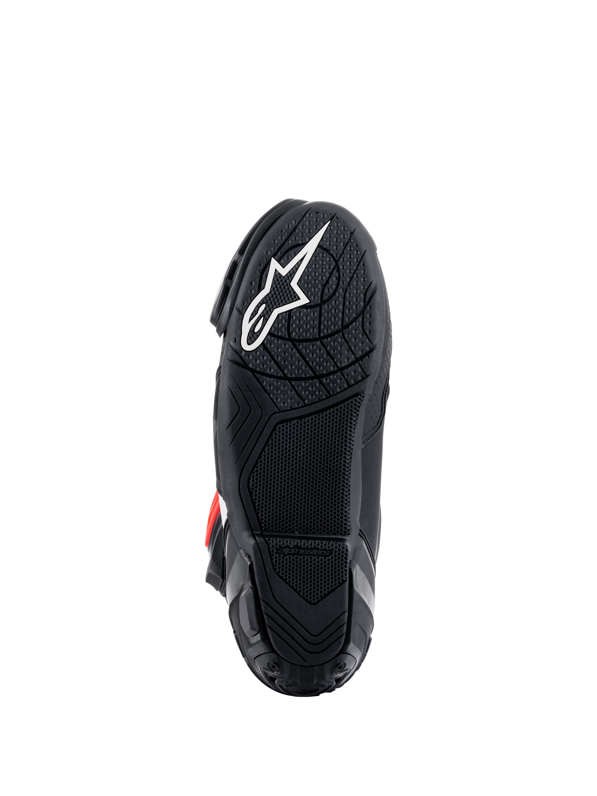 Alpinestars Supertech R Boots, bottom sole view, black lightweight rubber compound with textured grip pattern, white Alpinestars star logo, performance motorcycle racing footwear